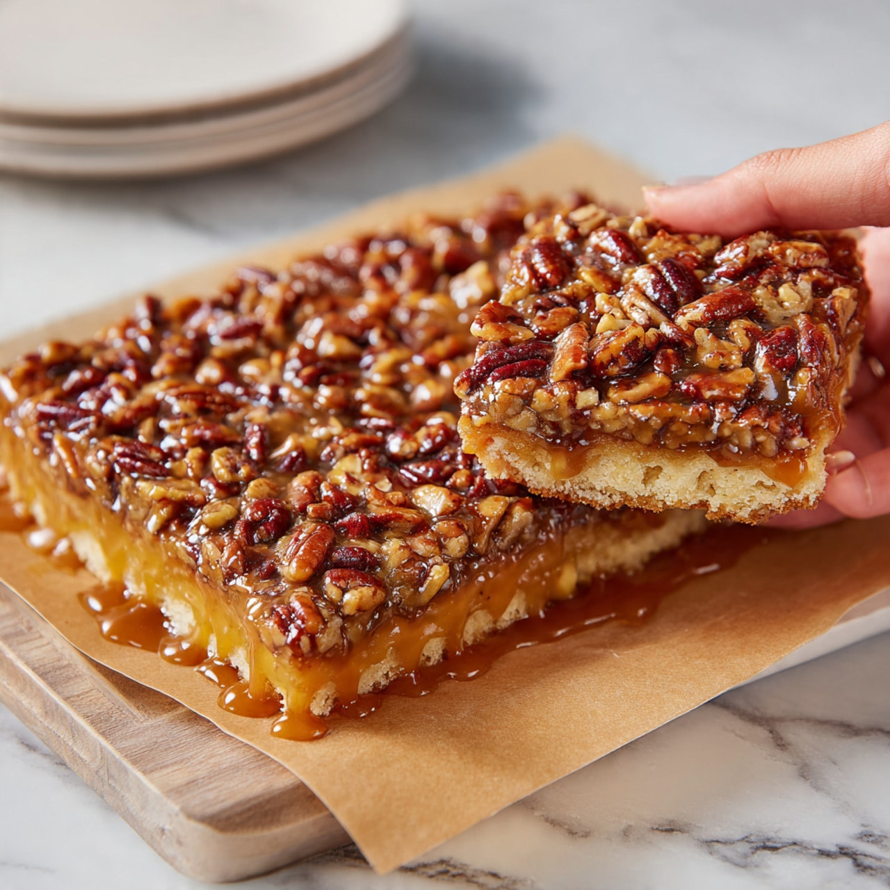 The image shows a close-up of a sticky pecan pastry piece resting on brown parchment paper with part of a second pastry blurred in the background. The pastry has two main layers: a soft, fluffy, light golden interior that looks tender and airy, and a thick topping layer covered in a shiny, caramel-like sauce with plenty of dark brown, textured pecan halves and pieces. Some pecans and sauce have dripped onto the parchment paper. The whole scene sits on a white marbled surface with soft lighting that highlights the rich textures of the sticky topping and the softness of the bread underneath. photo taken with an iphone --ar 4:5 --v 7