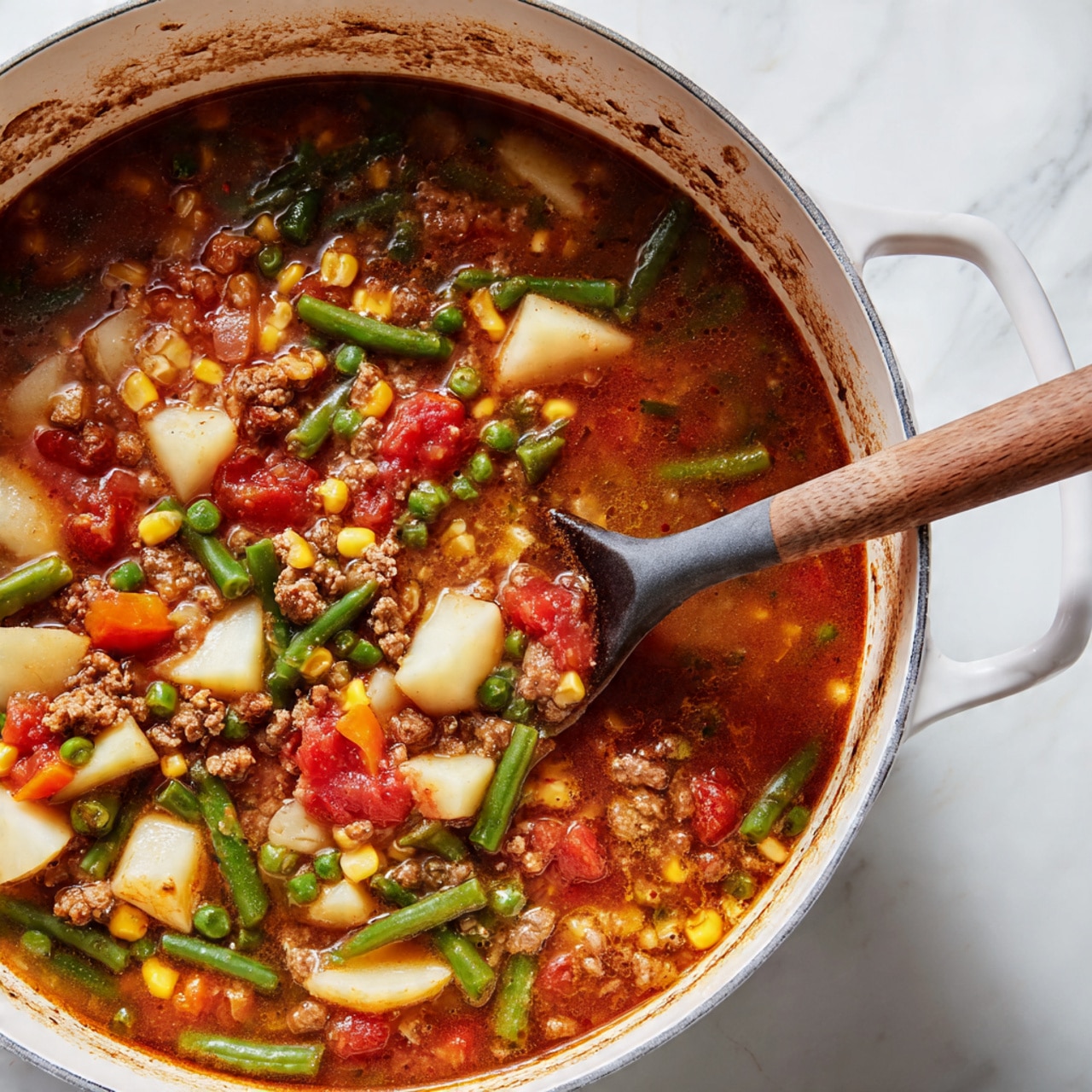 A large white pot filled with a thick soup that has many visible layers: chunky red tomatoes, small green peas, diced white potatoes, yellow corn kernels, green beans, and bits of light brown ground meat all mixed in a rich brown broth. A wooden spoon with a dark gray top is stirring the soup inside the pot, which sits on a white marbled surface. The edges of the pot have some brown splatters from cooking. The photo taken with an iphone --ar 4:5 --v 7