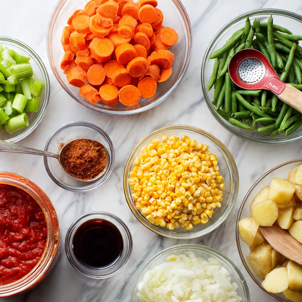 The image shows several clear glass bowls and a measuring cup, each holding different chopped ingredients arranged on a white marbled surface. One bowl contains bright orange round carrot slices, another has a mix of green beans, yellow corn, and large green broad beans. A small bowl holds dark brown spice powder with a metal measuring spoon resting inside a red container. Another small bowl contains a dark liquid, likely soy sauce, and a tiny bowl holds a yellow powder. There is a bowl of white chopped onions and another bowl with bright green celery slices. A glass measuring cup is filled with pale, chunky pieces of potatoes. Lastly, an open can filled with red tomato sauce has a wooden spoon resting inside. Photo taken with an iphone --ar 4:5 --v 7