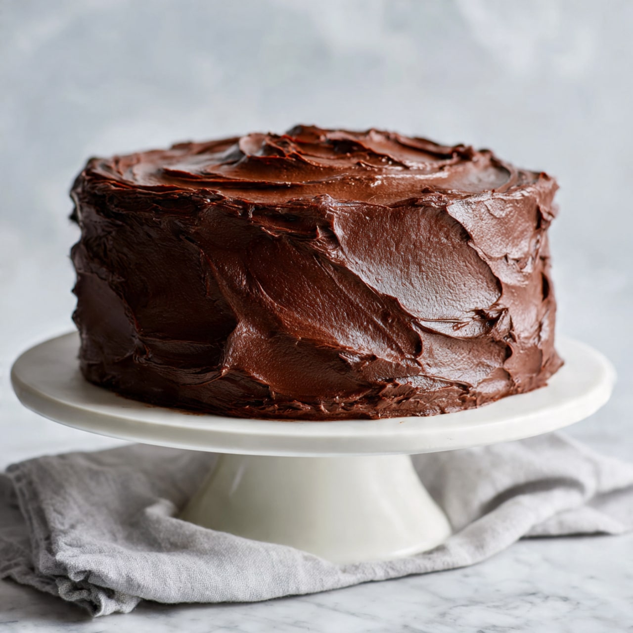 A clear glass bowl sits on a white marbled surface filled with smooth, thick chocolate frosting that swirls with soft peaks and ridges. A silver spreading knife rests diagonally across the top of the bowl, coated with the same glossy, rich brown frosting. The texture of the frosting looks creamy and dense, with some light air bubbles visible within. Photo taken with an iphone --ar 4:5 --v 7