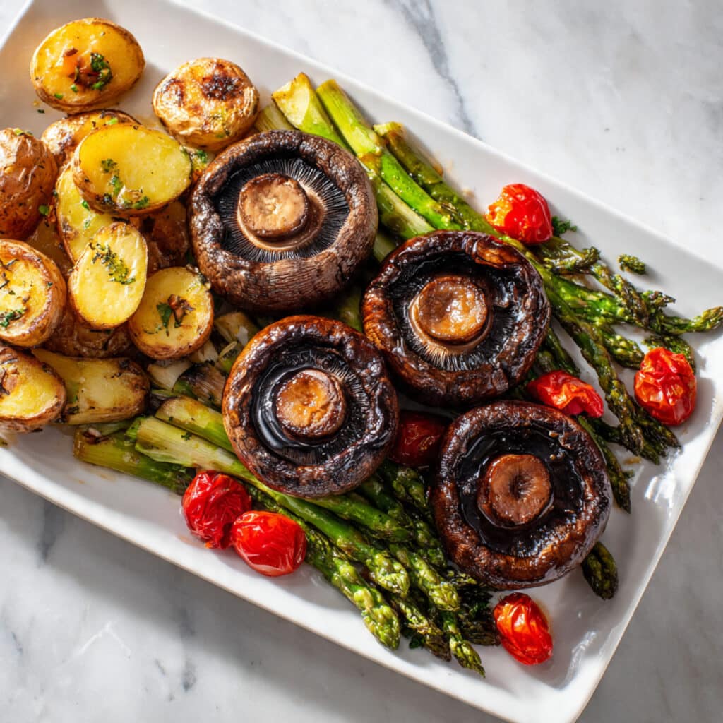 One-Pan Mushroom Steak Dinner with Roasted Potatoes, Asparagus, and Tomatoes Recipe