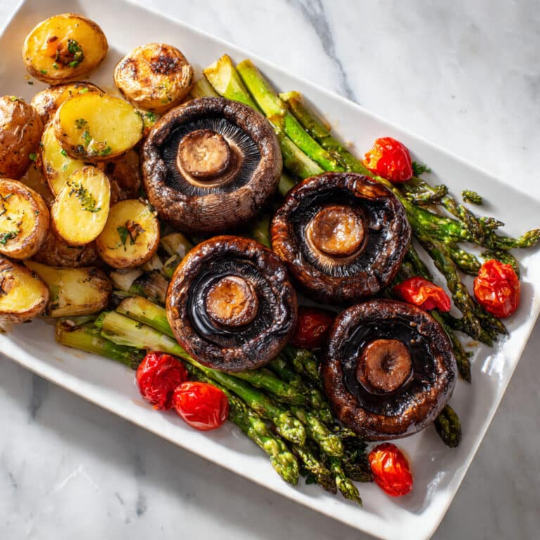 One-Pan Mushroom Steak Dinner with Roasted Potatoes, Asparagus, and Tomatoes Recipe
