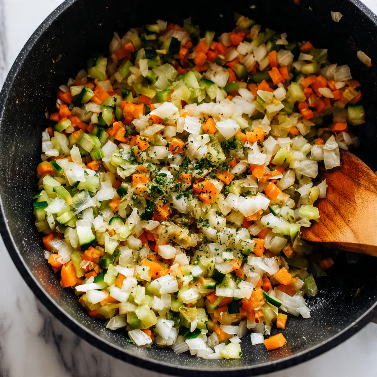 This image shows a close-up of a black cooking pot filled with small, diced vegetables. The vegetables include white onions, orange carrots, green zucchini, and light green celery, all mixed together and seasoned with small black herbs. There is some moisture at the bottom of the pot, and a wooden spoon is partially visible on the right side, stirring the vegetables. The background is a white marbled surface. photo taken with an iphone --ar 4:5 --v 7