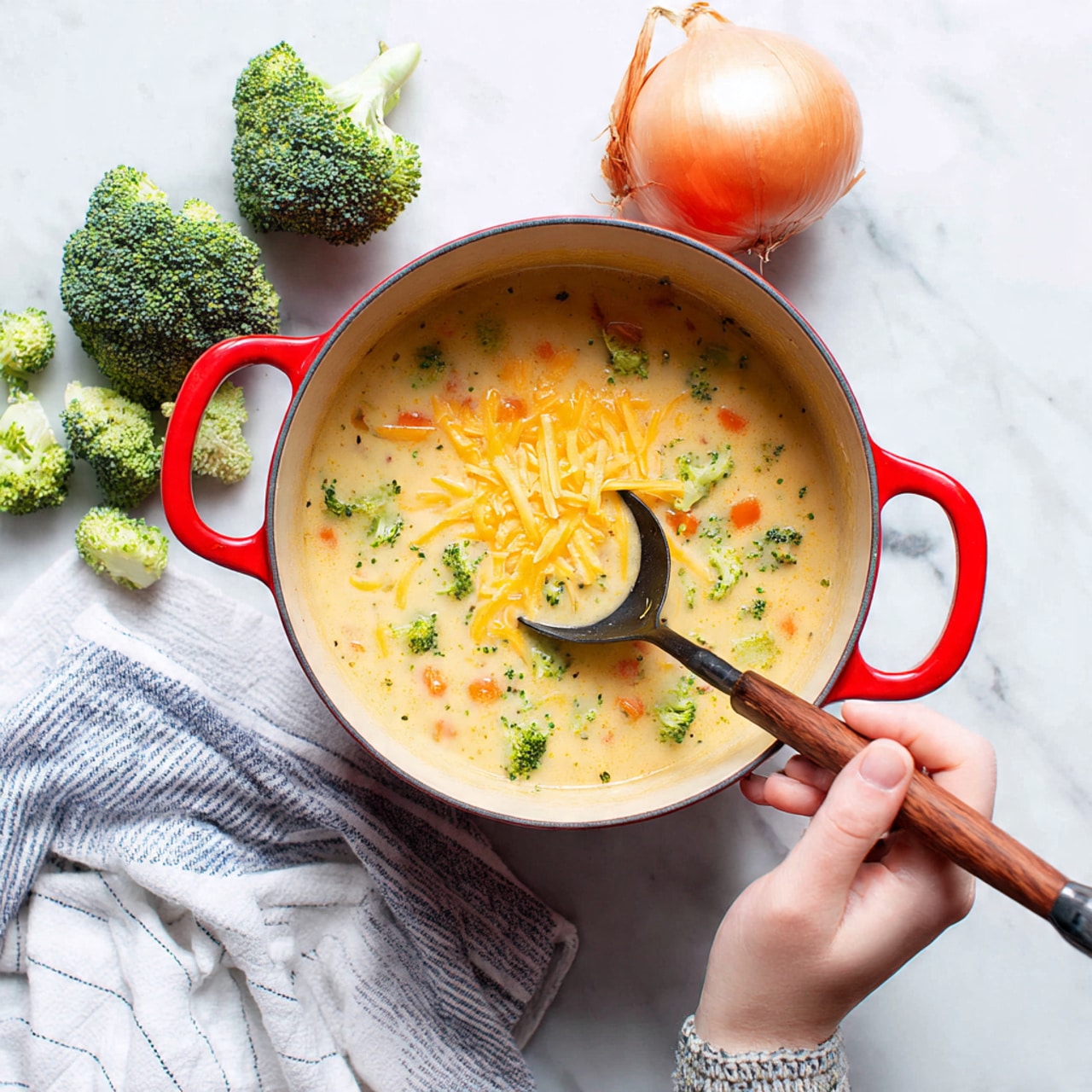 A red pot with two handles filled with creamy soup showing visible pieces of green broccoli and orange carrots. A woman's hand is stirring the soup using a black spoon with a wooden handle. Shredded yellow cheese is sprinkled on top, starting to melt into the soup. The pot sits on a white marbled surface with a folded white and blue striped towel near the bottom left and broccoli pieces and a whole onion nearby. The background is light blue. photo taken with an iphone --ar 4:5 --v 7