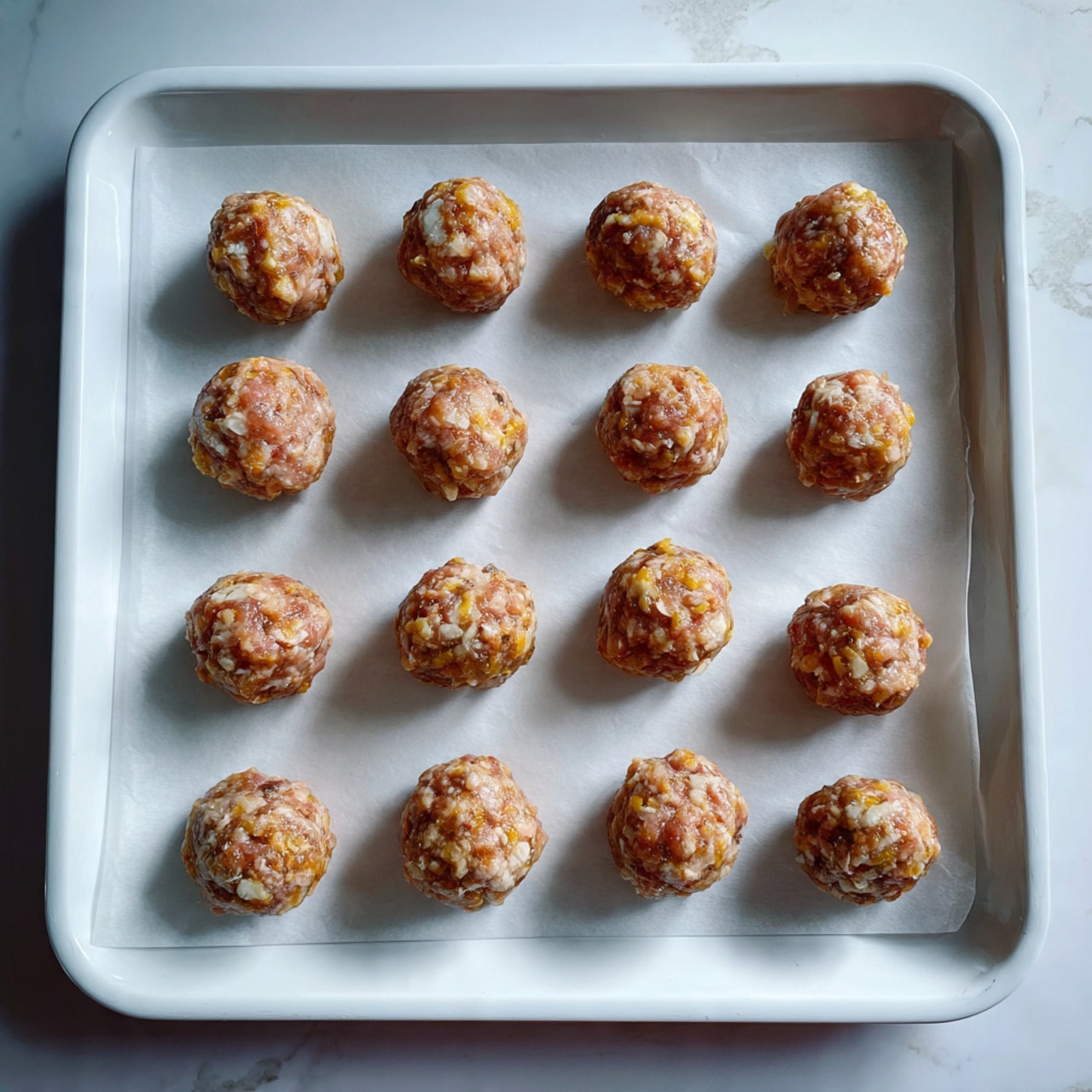 A white tray lined with white parchment paper holds 16 raw meatballs arranged evenly in a 4 by 4 grid. Each meatball is small, round, and rough-textured, showing a pinkish-brown color with small bits of white inside. The tray sits on a white marbled surface, and the overall scene is bright and clean. photo taken with an iphone --ar 4:5 --v 7
