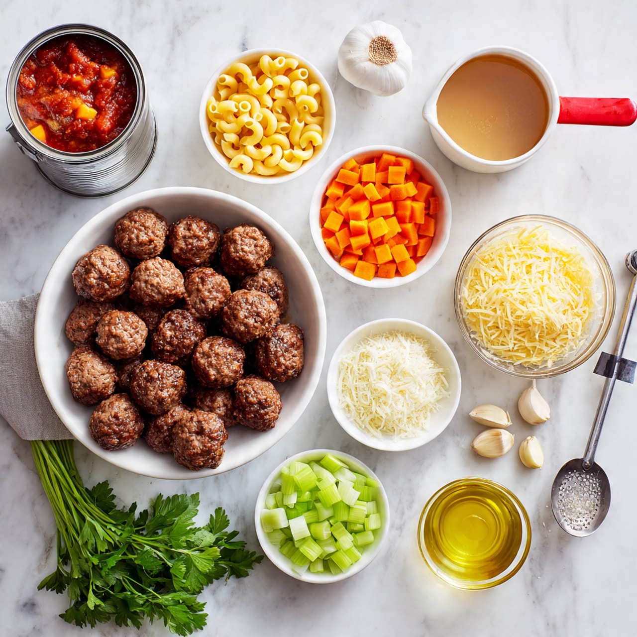 The image shows a white marbled surface with various cooking ingredients neatly arranged. In the center left, there is a white bowl filled with about 15 brown meatballs. Above it to the left, there are two stacked cans, one with diced tomatoes and the other with tomato sauce. A white measuring cup with a red handle holds a light brown liquid with some white powder in it. Around the meatballs and cans, there are small bowls with chopped orange carrots, yellow macaroni, white chopped onions, and green celery pieces. Near the bottom right, a small glass bowl contains yellow olive oil. Close by are three garlic cloves, a metal measuring spoon filled with grated cheese, and a bunch of fresh green parsley. All ingredients are spread evenly with a clean and simple look. photo taken with an iphone --ar 4:5 --v 7