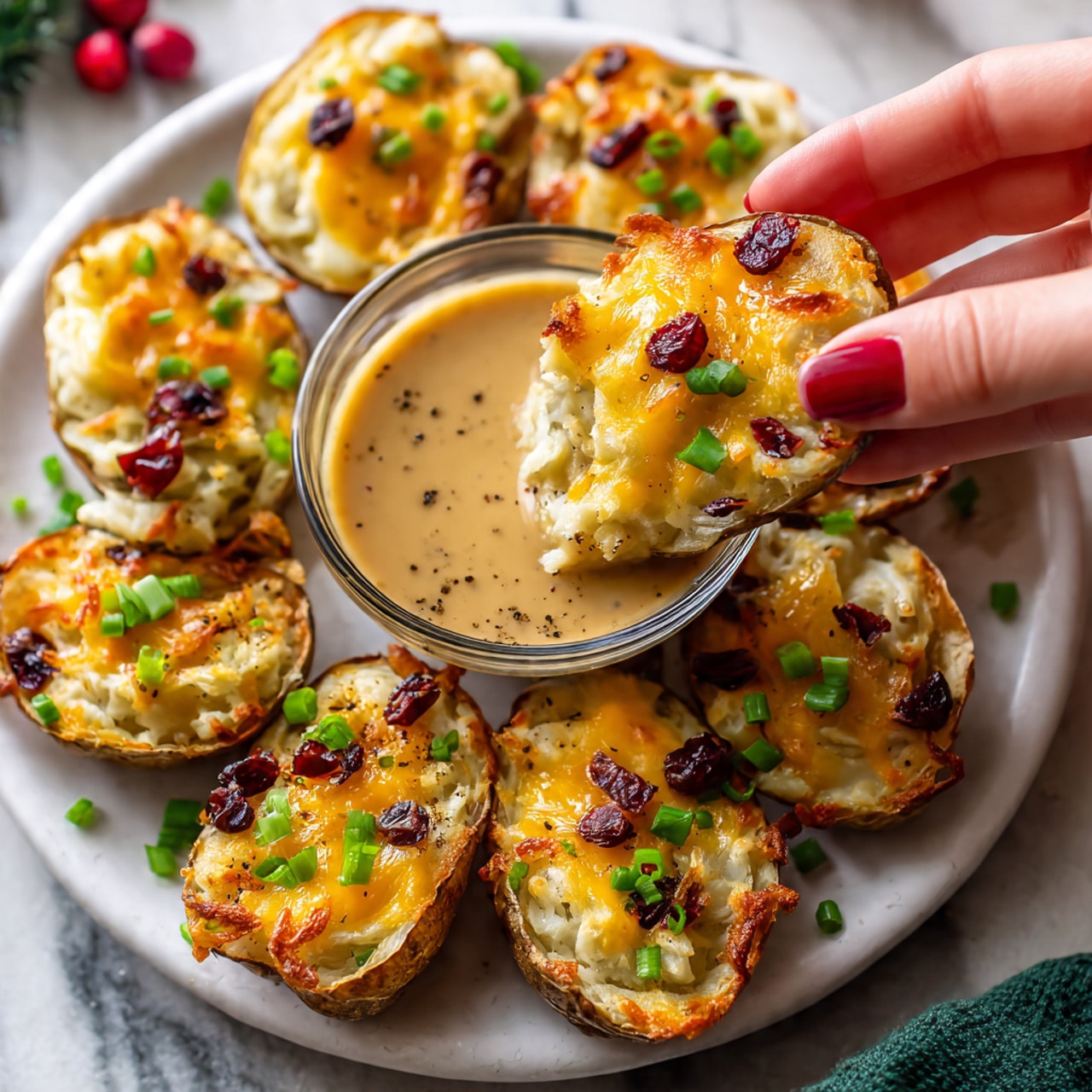 A white plate with a white marbled texture holds several stuffed potato skins arranged around a small glass bowl filled with light brown gravy sprinkled with black pepper. Each potato skin has a base of crispy brown potato shell, filled with a creamy mashed potato mixture that includes visible bits of green onion and dark red cranberries. The top layer has melted golden cheddar cheese and more chopped green onions scattered over. A woman's hand is holding one potato skin dipping the cheese-covered top into the gravy. Photo taken with an iphone --ar 4:5 --v 7