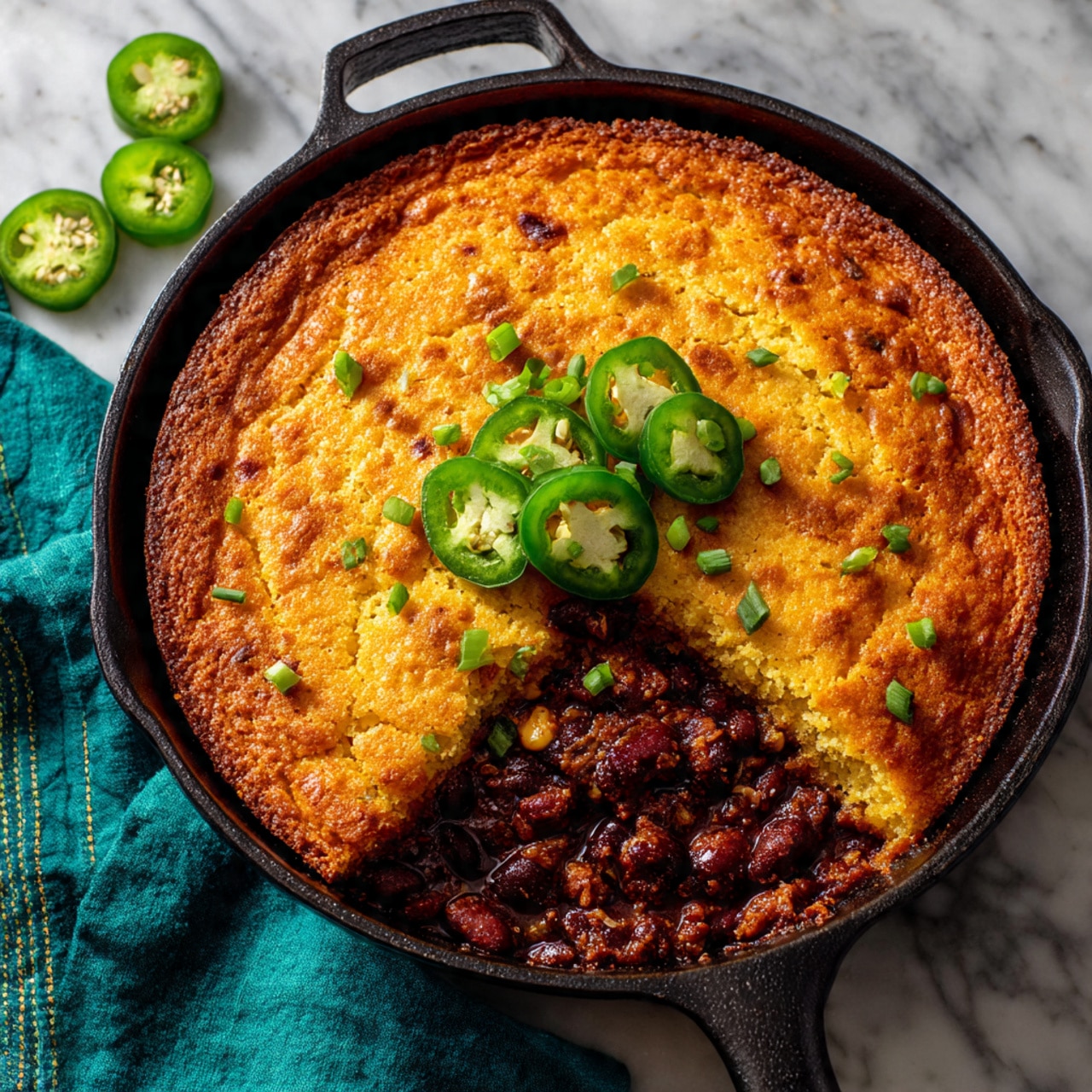 A white bowl filled with layers of chili containing ground meat, dark red kidney beans, and diced tomatoes with a rich, chunky texture forms the base. On top, there are uneven pieces of golden cornbread with a crumbly texture mixed with small yellow corn kernels. Over the cornbread, there is a small pile of shredded orange cheddar cheese, topped with a dollop of smooth white sour cream. A few bright green cilantro leaves sit on the sour cream as garnish. A shiny spoon is placed inside the bowl, all set on a white marbled surface with a hint of a green cloth in the corner. photo taken with an iphone --ar 4:5 --v 7