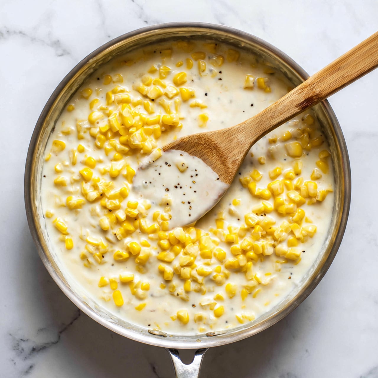 A silver pan filled with creamy corn, showing yellow corn kernels in a thick white cream sauce with small black pepper specks scattered throughout. The pan rests on a white marbled surface, and the creamy mixture fills most of the pan, giving a rich and smooth texture. Photo taken with an iphone --ar 4:5 --v 7