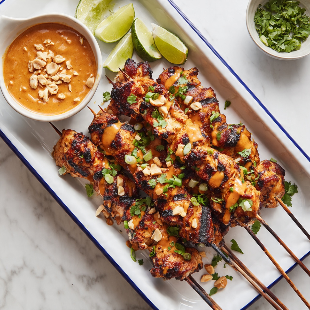 The image shows five wooden skewers with grilled chicken pieces stacked closely on a white rectangular tray with a blue rim, placed on a white marbled surface. The chicken is charred in some parts, giving a dark black-brown color mixed with orange-brown cooked meat. Bright orange peanut sauce is drizzled unevenly over some chicken pieces, and chopped green onions and cilantro are sprinkled on top. Around the tray, there are lime wedges placed as decoration, with some peanut pieces scattered lightly. To the top left, a white bowl holds a smooth, orange peanut sauce topped with chopped green onions and peanuts. At the top right, another white bowl contains chopped cilantro. Photo taken with an iphone --ar 4:5 --v 7