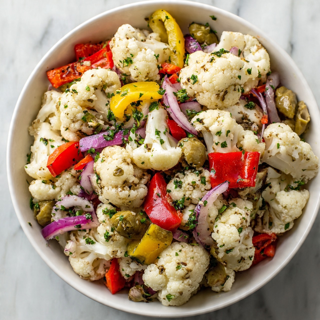 A white bowl on a white marbled surface holds a colorful mix of chopped vegetables arranged in neat sections: bright red diced bell peppers, black sliced olives, white cauliflower pieces sprinkled with black pepper, yellow pickled peppers, finely chopped green herbs, and diced purple onions. A woman's hand is pouring a jar of greenish-yellow dressing over the vegetables. The scene is bright and clean, showing fresh ingredients ready to be mixed, photo taken with an iphone --ar 4:5 --v 7