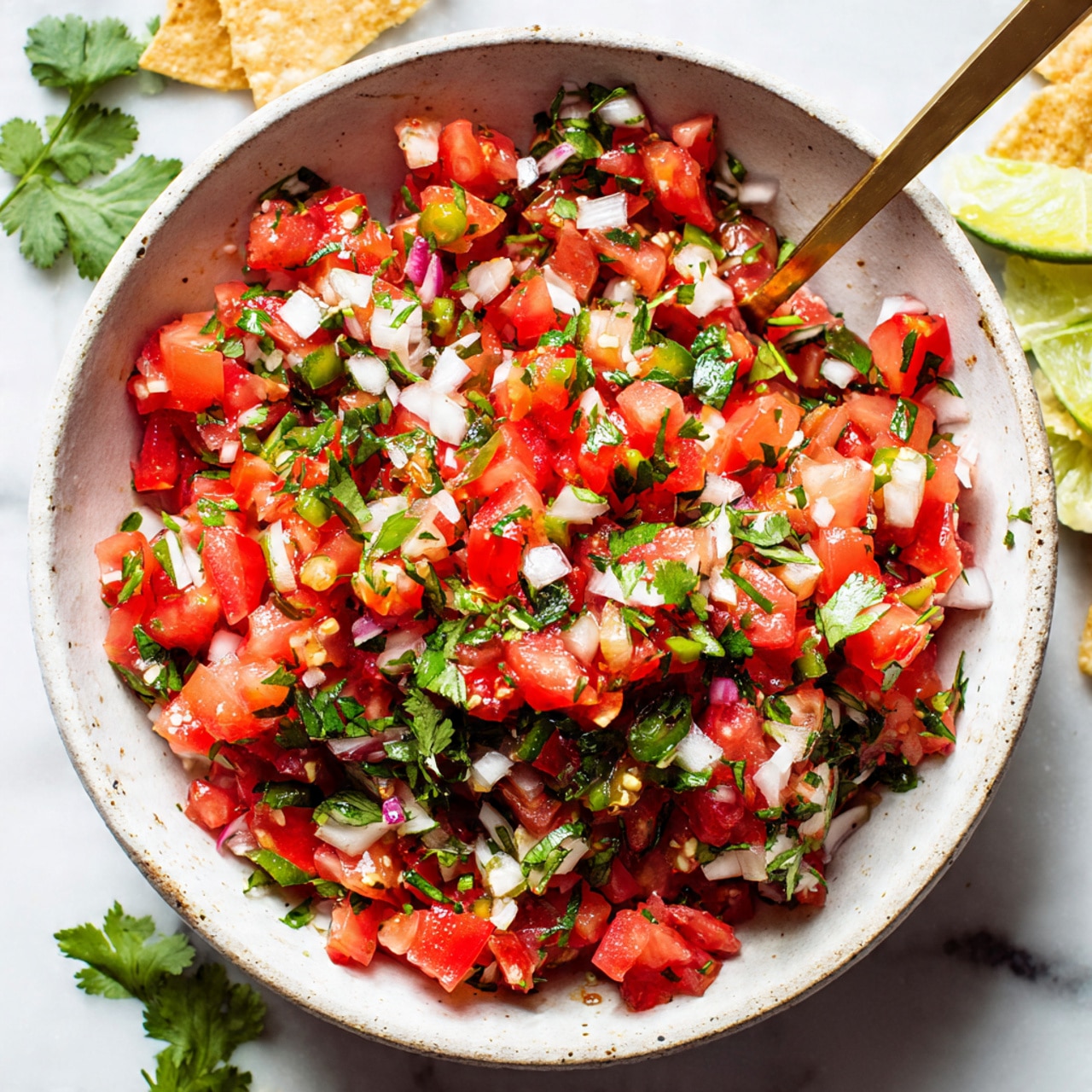 A speckled white bowl filled with fresh pico de gallo made of finely chopped red tomatoes, white onions, green jalapeños, and cilantro, all mixed together in small, even pieces. The bowl sits on a white marbled surface, surrounded by scattered fresh cilantro leaves, lime wedges, and broken tortilla chips. A gold spoon is resting inside the bowl, partially submerged in the salsa. The scene looks bright and fresh with natural lighting, photo taken with an iphone --ar 4:5 --v 7
