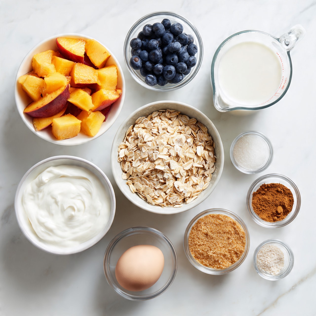 The image shows several bowls and a glass measuring cup arranged on a white marbled surface, each holding a different ingredient. There is a white bowl filled with chopped peach pieces on the left, a small clear bowl of blueberries on the top center, and a glass measuring cup with white liquid, likely milk, to the right. In the center, a white bowl is filled with dry rolled oats. Below this, a white bowl contains thick white yogurt, and next to it is one white egg. To the right of the oats, there is a small clear bowl with light brown sugar. Scattered around are small clear bowls holding white powder ingredients and spices, including cinnamon and ginger powder. The containers and ingredients create a neat layout with varied textures and soft natural colors. Photo taken with an iphone --ar 4:5 --v 7