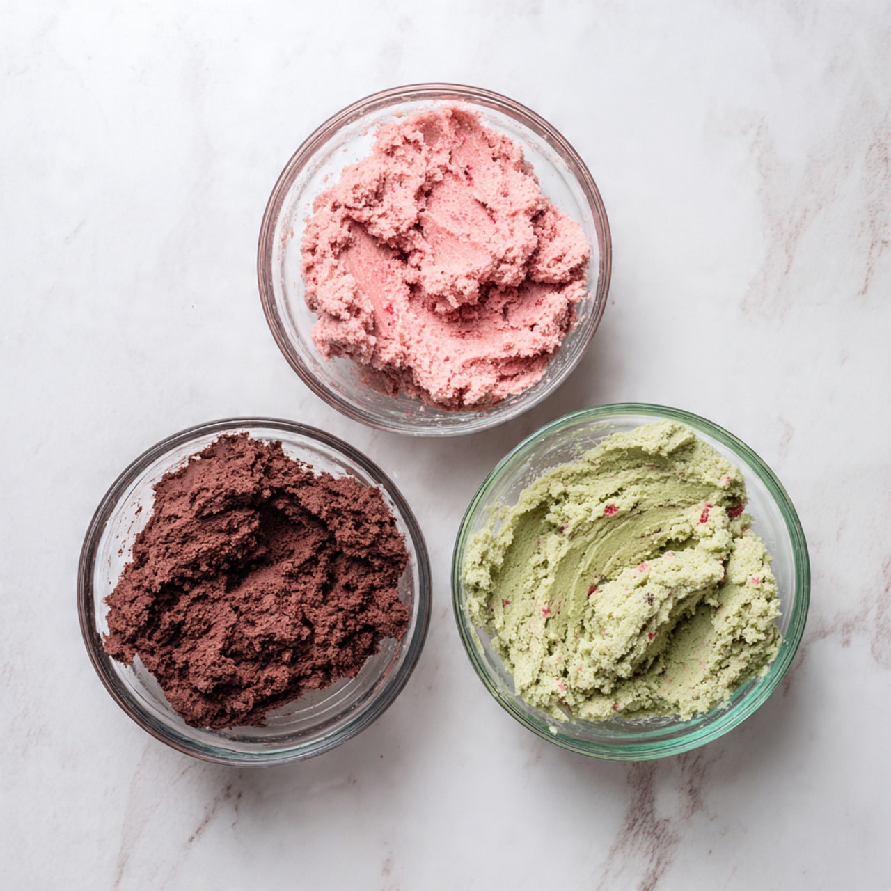 Three clear glass bowls sit on a white marbled surface, each holding a different dough. The top right bowl contains pink dough with small red bits scattered throughout, showing a soft and slightly chunky texture. The bottom right bowl has green dough with a slightly rough texture and some darker spots, shaped with visible finger impressions. The left bowl holds dark brown dough, smooth with some cracks and a dense look. The bowls are arranged in a loose triangle shape. photo taken with an iphone --ar 4:5 --v 7