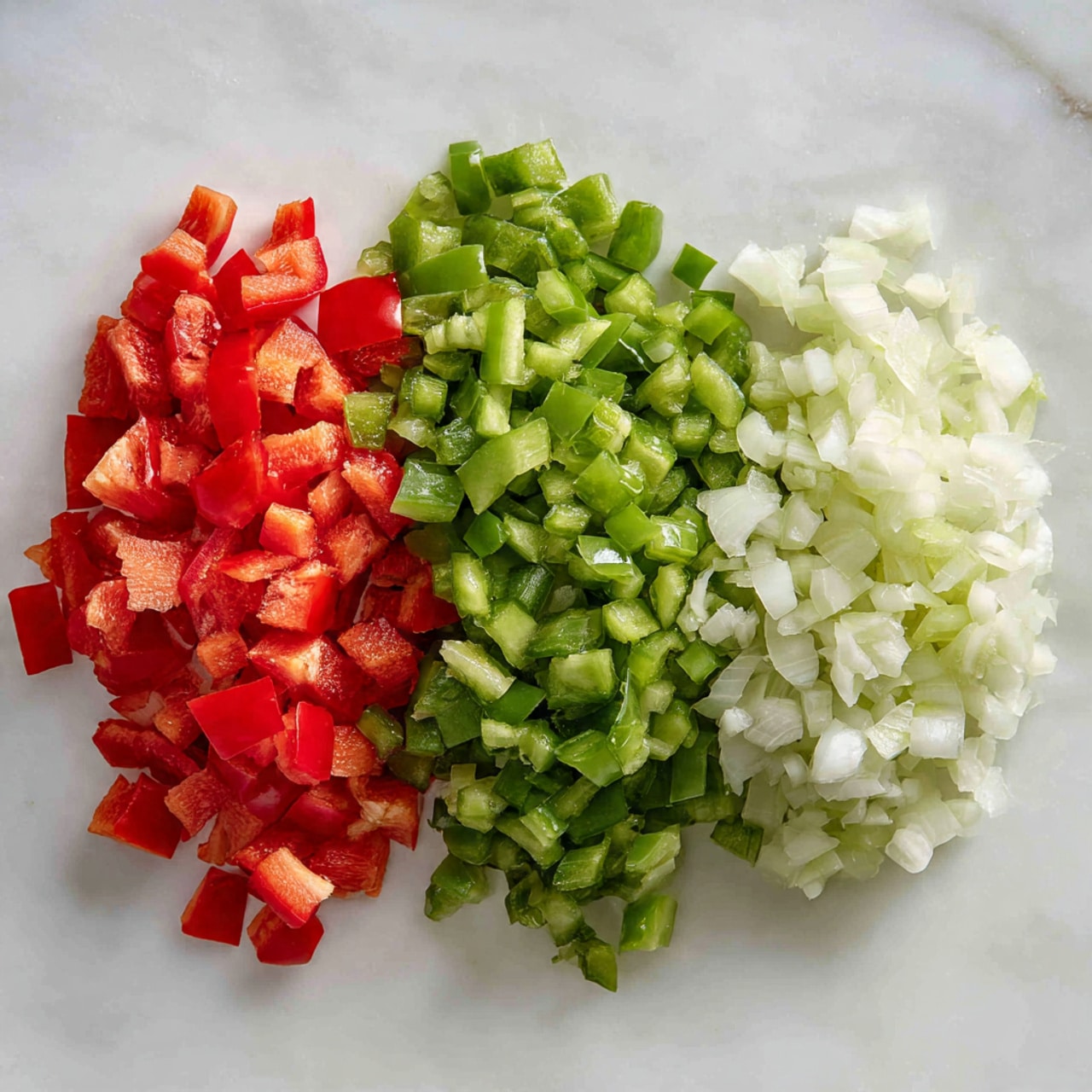 The image shows three piles of diced vegetables on a white marbled surface. On the left, there are small cubes of bright red bell pepper with a shiny texture. In the middle, there is a mound of chopped green bell pepper pieces, slightly larger and with a fresh, glossy look. On the right, there are finely chopped white onion pieces with a slightly translucent texture. The vegetables are arranged side by side, showing a clear contrast in color and texture, with soft light highlighting the freshness of each layer. Photo taken with an iphone --ar 4:5 --v 7