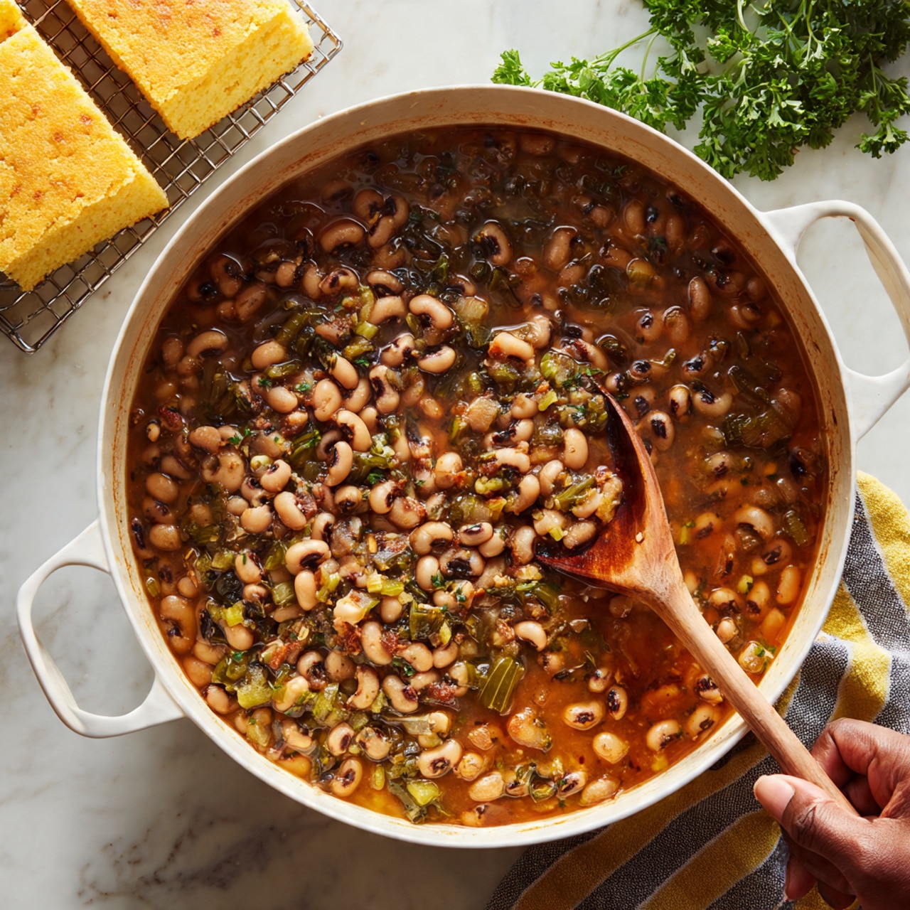 The image shows a white plate filled with cooked black-eyed peas mixed with small pieces of green vegetables and bits of herbs, giving it a mix of beige, green, and light brown colors. There is some liquid at the bottom, making the dish look slightly wet. A black spoon rests on the right side inside the plate. On the left edge, a square piece of golden yellow cornbread is placed on top of the black-eyed peas, with two more pieces of cornbread on white parchment paper next to the plate. The setting includes a white marbled surface, a striped cloth partly visible beneath the plate, and sprigs of green parsley on the right side. photo taken with an iphone --ar 4:5 --v 7