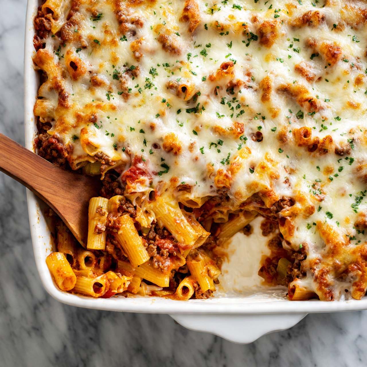 The image shows a white rectangular baking dish filled with a layered baked pasta dish. The top layer is melted, golden-brown cheese sprinkled evenly and slightly browned in some spots. Underneath the cheese, you can see a mix of tomato sauce and bits of green herbs scattered across the surface. The pasta, mostly rigatoni, peeks through with a reddish color from the sauce, giving a textured look with some browned edges. The dish sits on a white marbled surface with no other items around. The photo taken with an iphone --ar 4:5 --v 7