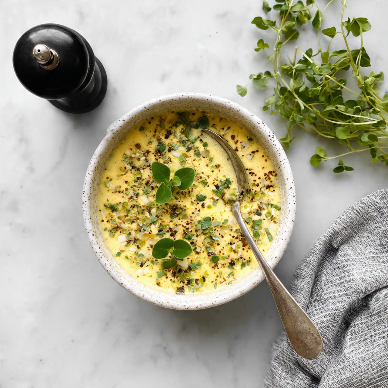 A white speckled bowl sits in the center on a white marbled surface, filled with a creamy yellow sauce that has small green herb pieces and tiny bits of another finely chopped ingredient mixed in. Three green herb leaves float on top, adding contrast. A metal spoon stands inside the bowl, slightly tilted. To the left of the bowl, there is a black pepper grinder, and fresh green herbs rest on the top right side of the surface. A striped gray cloth is partially visible on the bottom right corner. photo taken with an iphone --ar 4:5 --v 7
