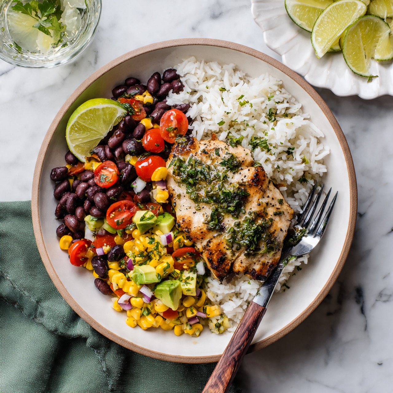 The dish on a white plate with a light brown rim shows three main layers: a bed of white rice mixed with bits of herbs at the top right, a grilled chicken piece topped with a light sauce and small herb pieces to the right center, and a colorful mix of black beans, yellow corn, diced red tomatoes, green avocado, and red onion on the left, adding bright colors and texture contrast. A lime wedge is placed on the top right edge of the chicken, and a black fork with a wooden handle rests on the plate’s bottom right, touching the chicken. The background features a white marbled surface with a green cloth napkin at the bottom left, a small white decorative plate with lime and lemon wedges at the top right, and a clear glass of water with a lime wedge on the left side. Photo taken with an iphone --ar 4:5 --v 7