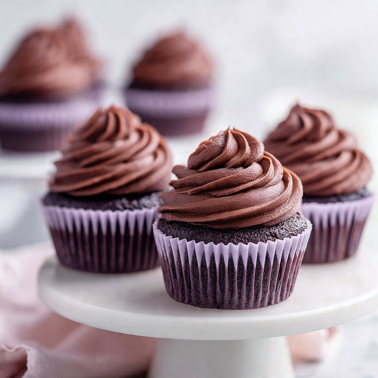 The image shows five chocolate cupcakes, with three placed closely on a white cake stand and two more in the background on a white marbled surface. Each cupcake has a dark brown base wrapped in a light purple paper liner with ridges. The cupcakes have a thick layer of smooth, glossy chocolate frosting swirled on top in a circular motion with soft peaks. The white cake stand has a simple round shape and is held by a visible woman's hand on the lower right side. The overall setting is bright with a clean, soft focus on the background. photo taken with an iphone --ar 4:5 --v 7