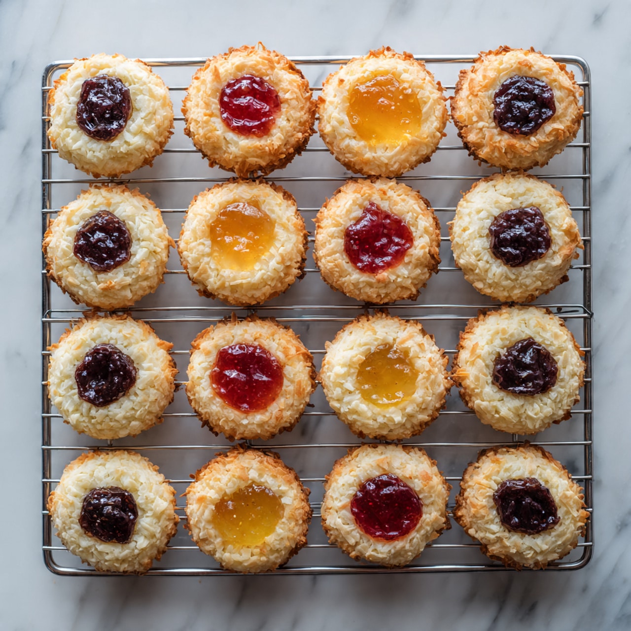 The image shows a white baking tray lined with white parchment paper on a white marbled surface; the tray holds 16 round cookies arranged in four rows and four columns. Each cookie has a golden-brown edge coated with toasted shredded coconut, creating a rough and crispy texture. The center of each cookie is filled with glossy jam in three different colors: deep purple, bright red, and light yellow, forming a smooth, shiny layer inside a small well. The cookies are evenly spaced and uniformly shaped, each with a slightly crumbly texture around the coconut edges and a soft, jelly-like jam center. photo taken with an iphone --ar 4:5 --v 7