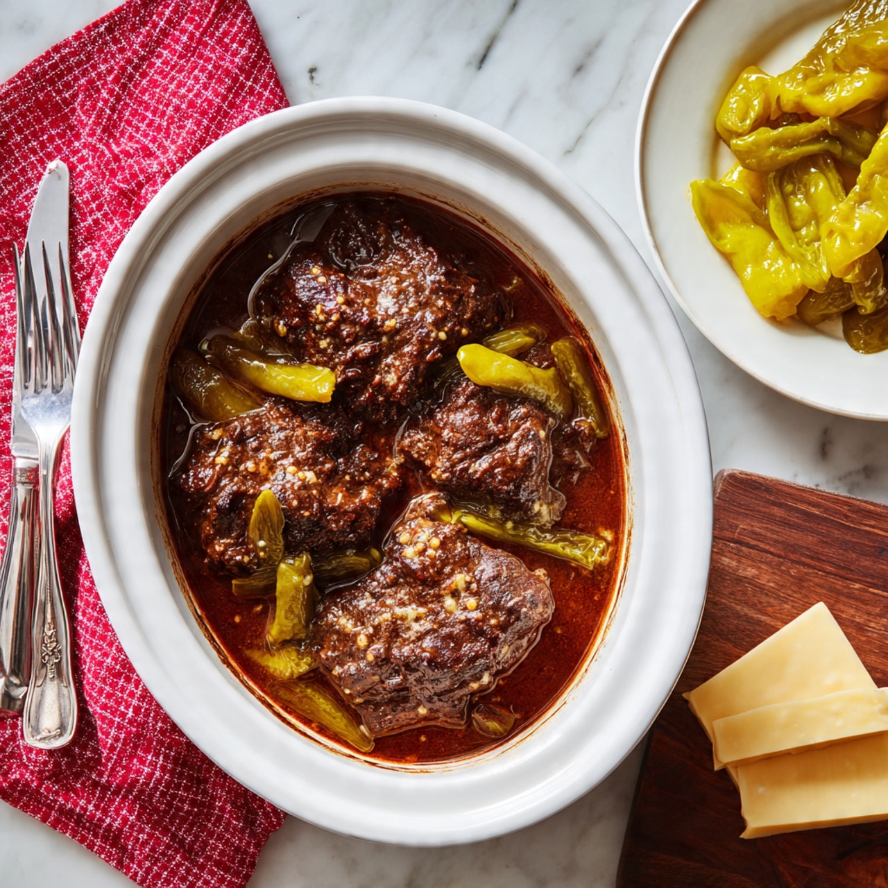 A white oval slow cooker filled with dark brown, thick stew that covers two large pieces of browned meat. Bright yellow-green peppers float on and around the meat in the sauce. To the top right, a white plate holds more of the same yellow-green peppers. To the lower right, a wooden board with three slices of pale yellow cheese. A red checkered cloth is on the left side, with a silver fork and knife resting on it. The whole scene is set on a white marbled surface. Photo taken with an iphone --ar 4:5 --v 7