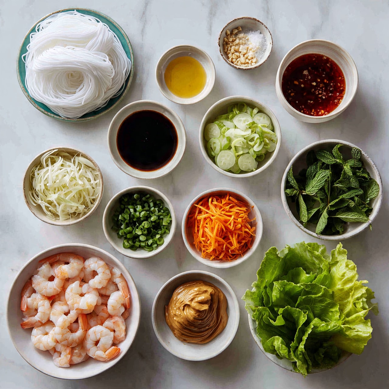 This image shows many small white bowls and plates arranged neatly on a white marbled surface. From left to right, there are thin rice papers and dry noodles stacked near the bottom left. Above and to the right, bowls hold thick dark brown sauce, white granulated salt, minced garlic, light yellow vinegar, amber-colored liquid, bright red sauce, and white salt. In the middle row, there are chopped green onions, fresh mint leaves, and fresh cilantro leaves in bowls. Below them, sliced light green cucumbers, shredded orange carrots, peeled pink shrimp, and a bowl of smooth brown peanut butter sit in white bowls. On the far right, fresh green butter lettuce leaves are placed directly on the surface. The scene is bright and clean, showing fresh colorful ingredients prepared for a meal. photo taken with an iphone --ar 4:5 --v 7