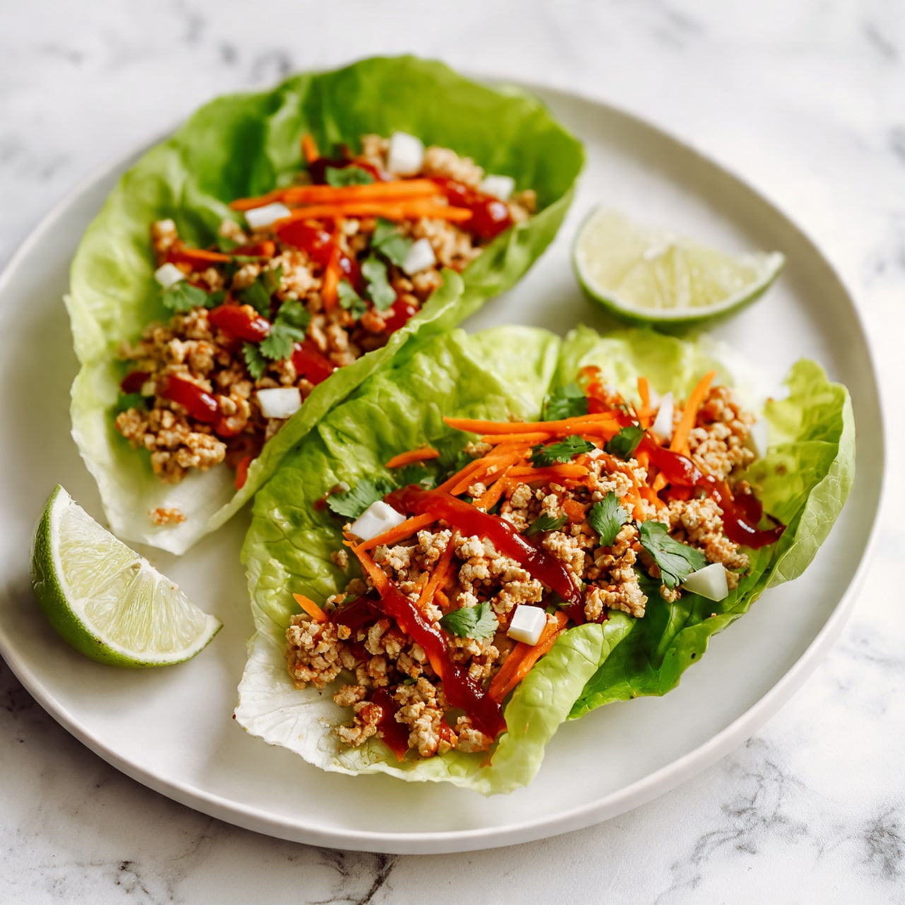 Two lettuce wraps are placed on a white plate with a wedge of lime on the side. Each wrap has a bright green leaf holding a mix of light brown minced filling, thin orange carrot strips, chopped green herbs, and small white pieces. There is a drizzle of red sauce on top of the filling. The background has a white marbled texture that highlights the fresh colors. Photo taken with an iphone --ar 4:5 --v 7