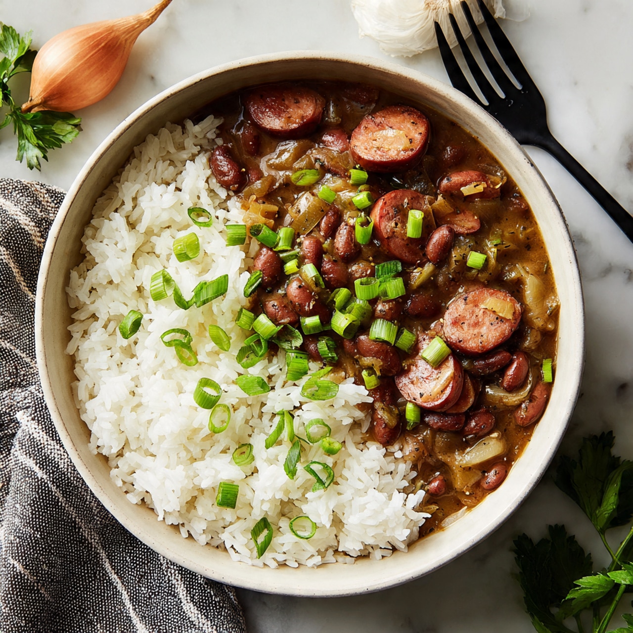 A large white pot with red handles holds thick, cooked red beans in a dark brown sauce with visible whole beans and bay leaves. A woman’s hand is holding a wooden spoon with a black silicone scoop, lifting some of the beans in the center of the pot. The pot sits on a white marbled surface, with some sauce stains around the edges inside. The image is bright and clear, showing the texture of the beans and sauce well. photo taken with an iphone --ar 4:5 --v 7