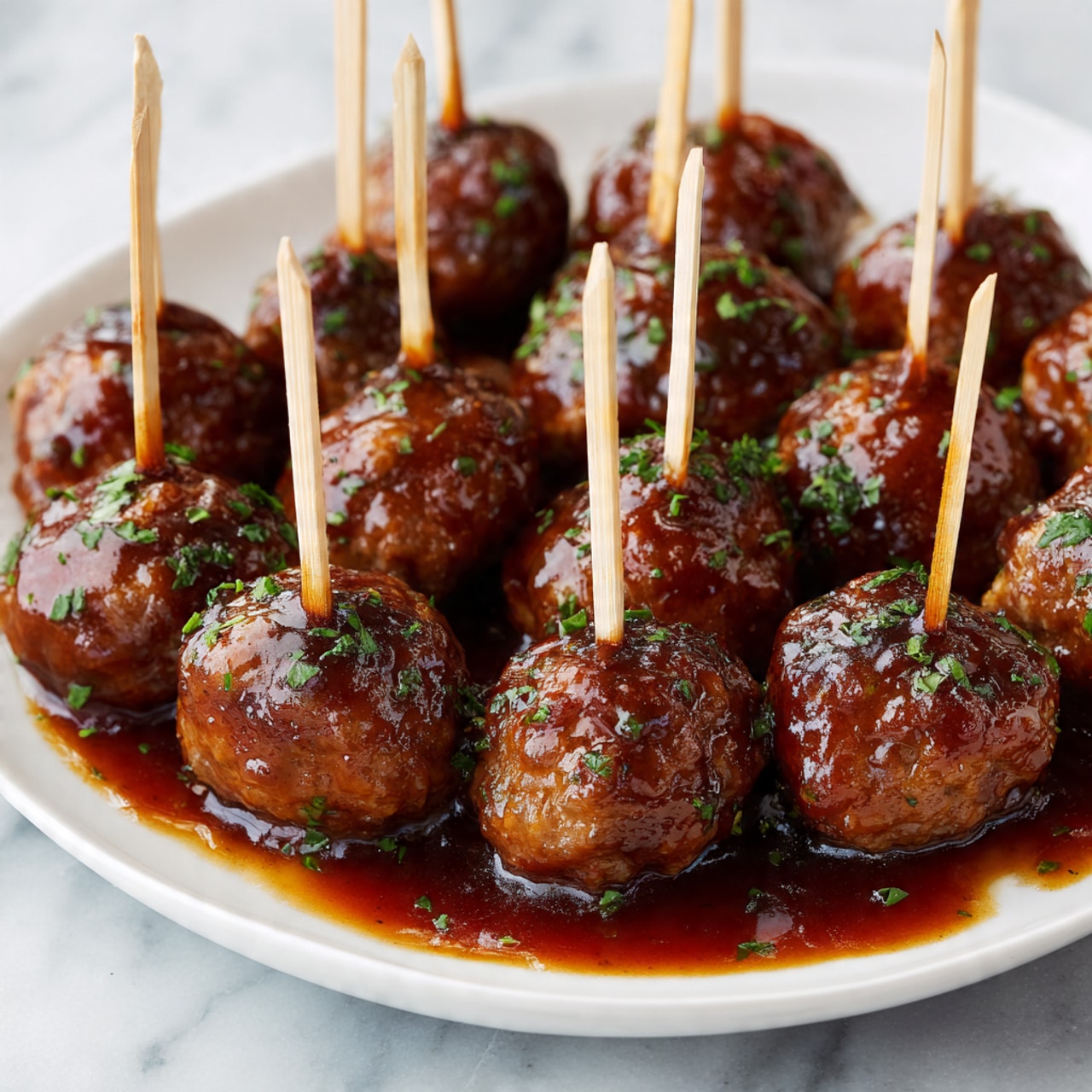 A white plate holds about twenty small round meatballs covered in a shiny dark brown sauce, sprinkled lightly with green herbs. Each meatball has a light wooden stick inserted vertically on top, standing upright. The plate is placed on a white marbled surface, and the sauce pools a little around the meatballs, adding a wet, glossy texture. The sticks create vertical lines, evenly spaced over the plate, making the dish look organized and ready to eat. photo taken with an iphone --ar 4:5 --v 7