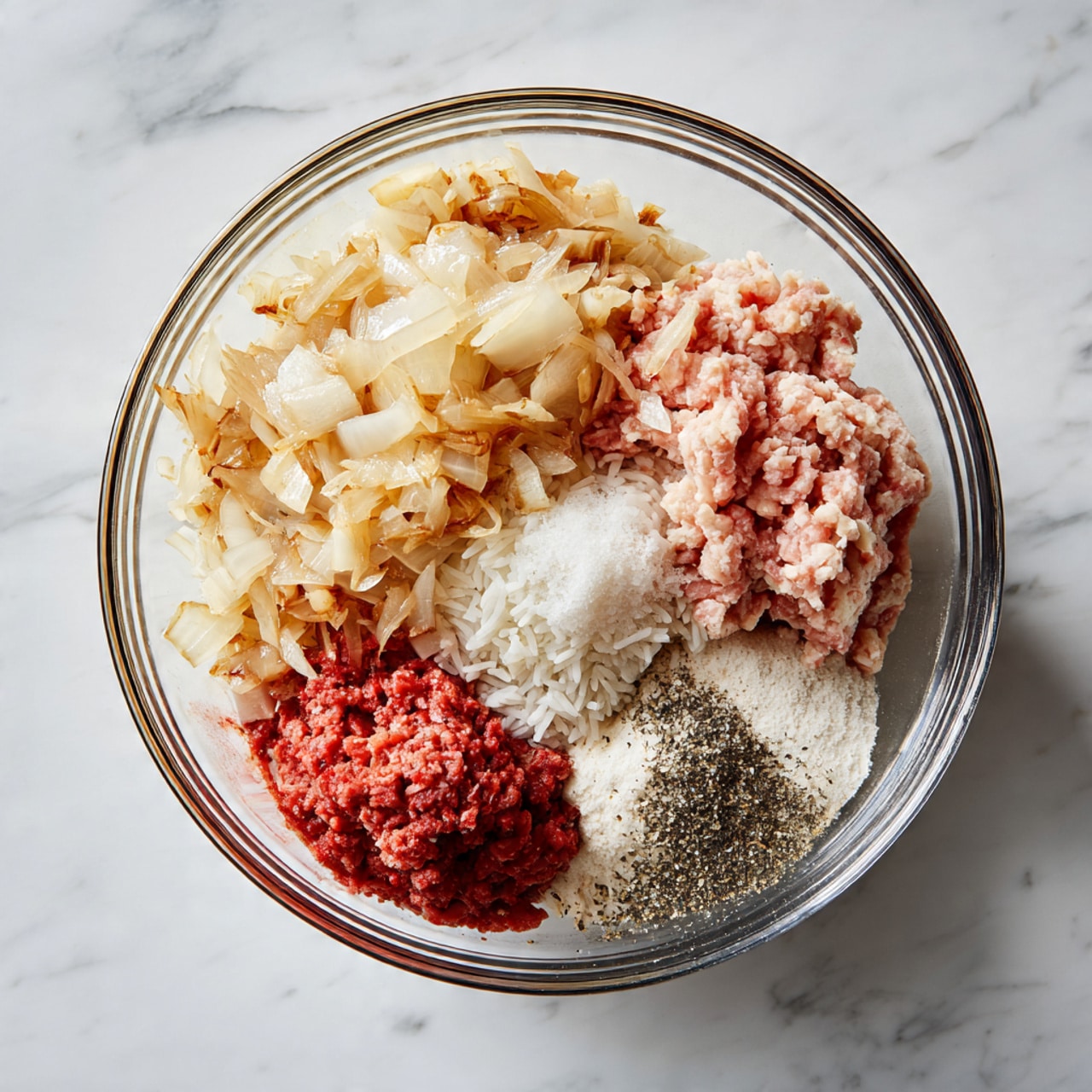 A clear glass bowl on a white marbled surface holds six main layers arranged separately. The top layer is a heap of cooked, chopped onions in light golden brown with some herbs mixed in, covering about one-third of the bowl's space. To the right, there is a large portion of light pink ground meat with a soft texture. Below the meat is a smaller mound of salt with a pale pink color. To the left of the salt, a roughly equal pile of dark red ground meat sits. Above and left of this meat is a mound of white uncooked rice. Between the rice and the cooked onions is a small pile of ground black pepper, almost blending into the rice. The contents do not mix, showing individual textures and colors clearly. photo taken with an iphone --ar 4:5 --v 7