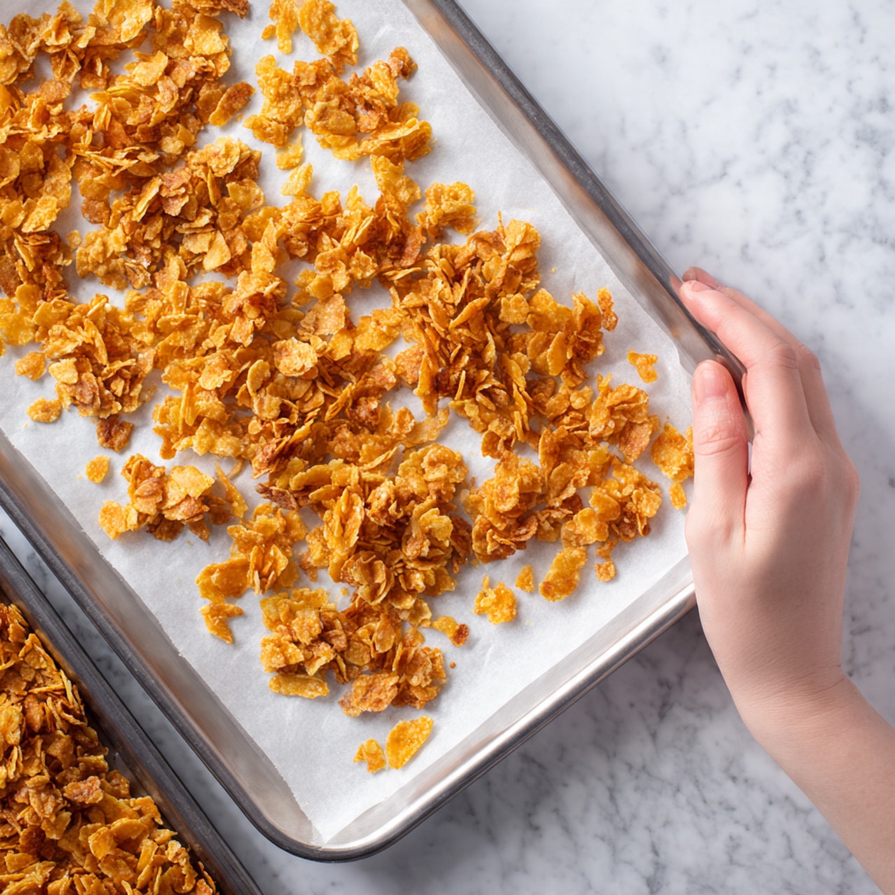 The image shows a silver baking tray filled with many small, irregular-shaped pieces of crispy, golden brown food coated in crushed cornflakes, arranged evenly on a sheet of white parchment paper. The tray is being held at the bottom right corner by a woman's hand. To the left and slightly below, part of another tray with similar pieces is visible. The background is a white marbled surface. photo taken with an iphone --ar 4:5 --v 7