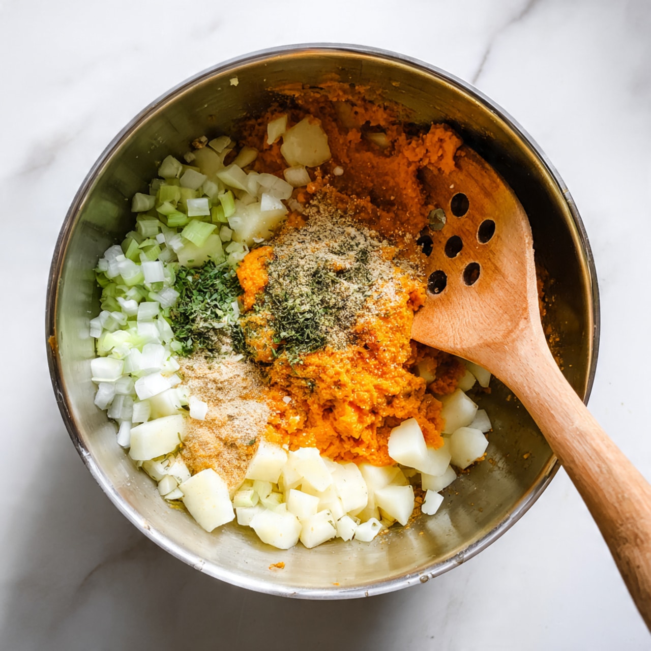 A silver metal pot sits on a white marbled surface, filled with several layers of ingredients. At the bottom are light green chopped onions, followed by small white cubed potatoes scattered on one side. On top of the potatoes is a bright orange puree, likely pumpkin or sweet potato, with a sprinkle of dried green herbs and a bit of light brown powder over it. A wooden spoon with holes leans against the side of the pot, partially submerged in the ingredients. The scene is bright and clear, showing a close view of the cooking process. photo taken with an iphone --ar 4:5 --v 7