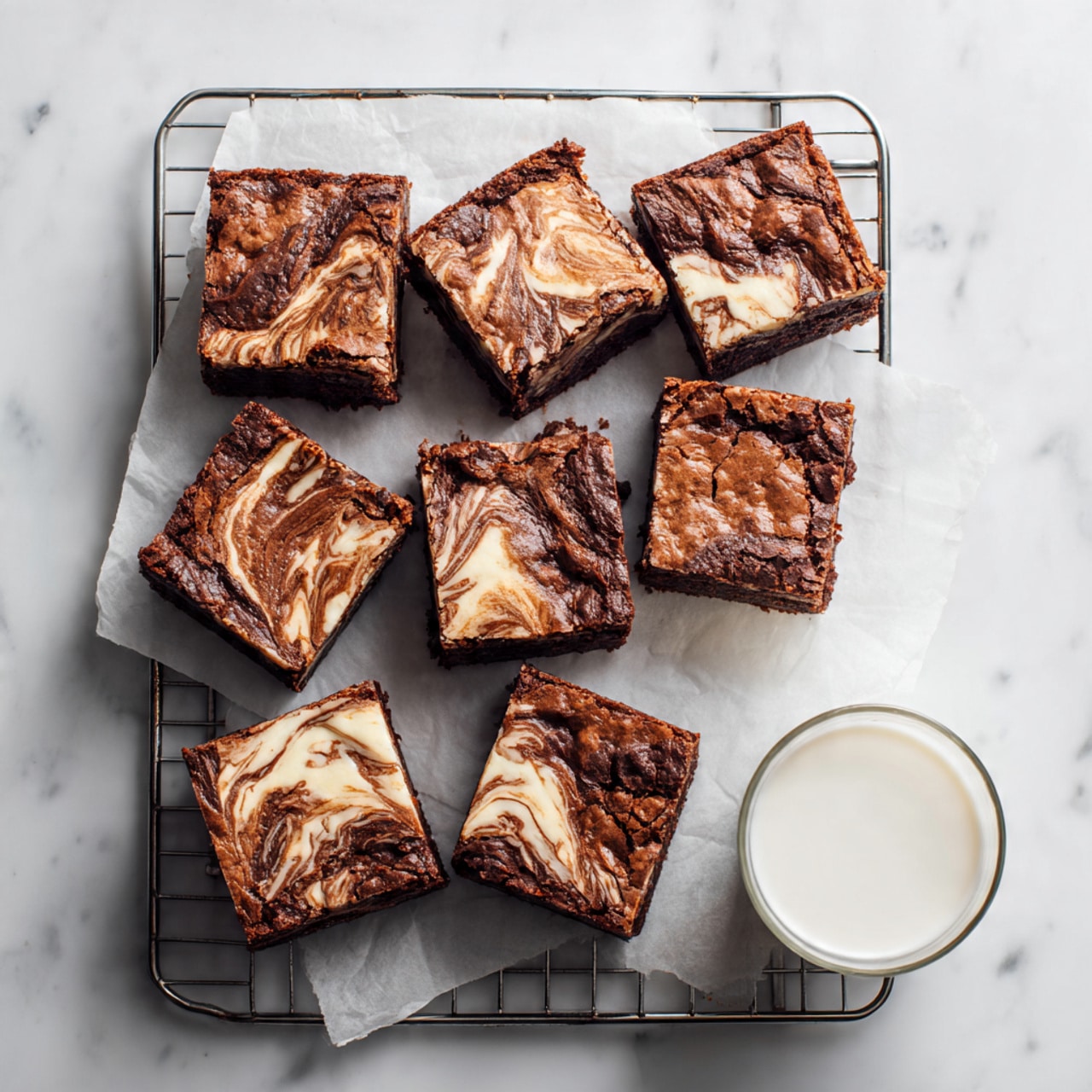 A square metal pan holds a freshly baked marble cake with two visible layers swirled together on top, creating an artistic pattern. The light tan layer forms the base and waves gently into the darker brown layer on top, which has a smooth and slightly shiny texture with thin swirls of the lighter color flowing through it. The edges of the cake are slightly raised and golden, while the center shows a soft, marbled mix of both colors. The pan sits on a cooling rack over a white marbled surface. Photo taken with an iphone --ar 4:5 --v 7