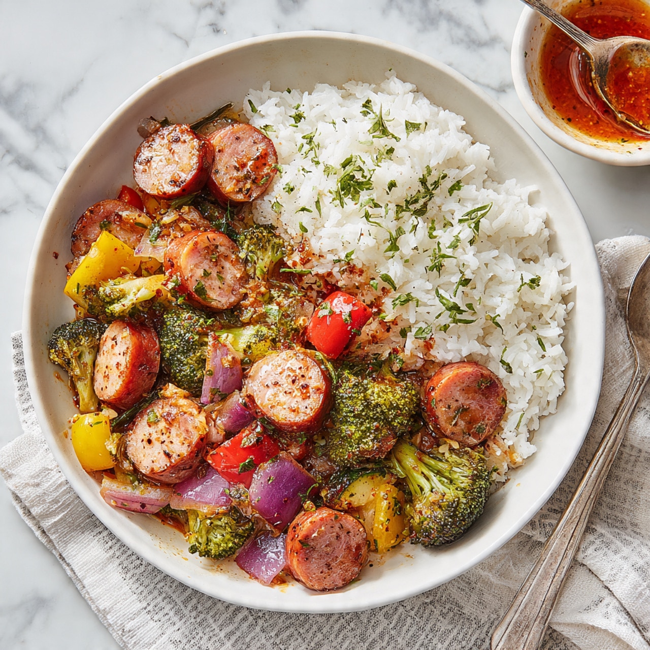 A white plate holds two main sections: on the right side, a fluffy layer of white rice topped with small green herb leaves, and on the left side, a colorful mix of cooked vegetables and sausage pieces, including bright green broccoli florets, yellow bell pepper chunks, reddish-brown sausage slices, and bits of purple onion, all mixed together with a slightly glossy texture. The plate sits on a white marbled surface with a white and striped cloth underneath, and to the top right, there is a small white bowl with reddish-brown sauce and a spoon resting inside. Photo taken with an iphone --ar 4:5 --v 7