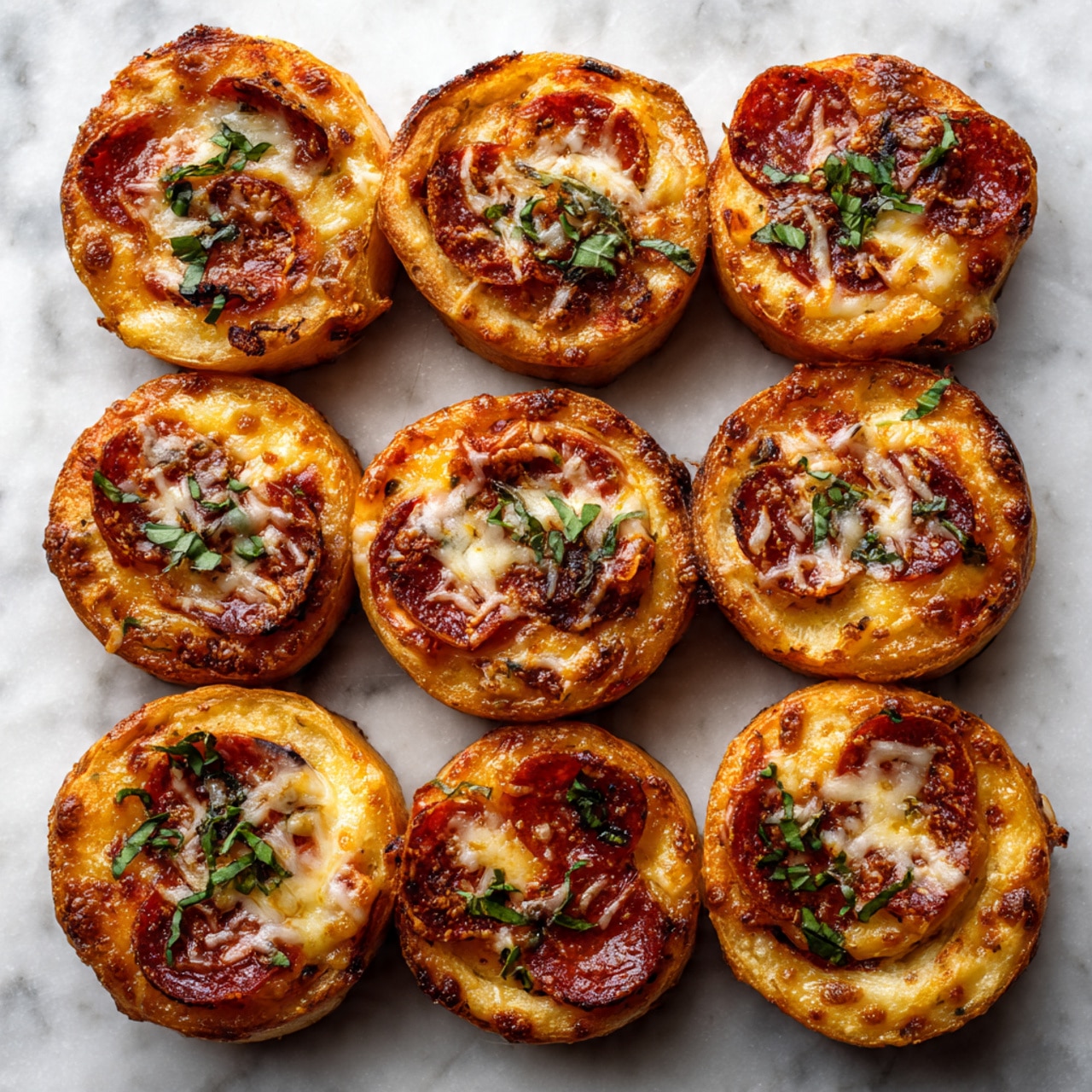 A white plate holds a stack of eight pizza rolls arranged closely together. Each roll has a light golden brown dough base rolled in a spiral shape with layers of red tomato sauce, melted white cheese, and small specks of black seasoning. Fresh green basil pieces are sprinkled over the top, adding a touch of bright color. To the upper left side of the plate, there is a bowl filled with red sauce. The whole setting is on a white marbled surface with a few small pieces of cheese scattered around. photo taken with an iphone --ar 4:5 --v 7