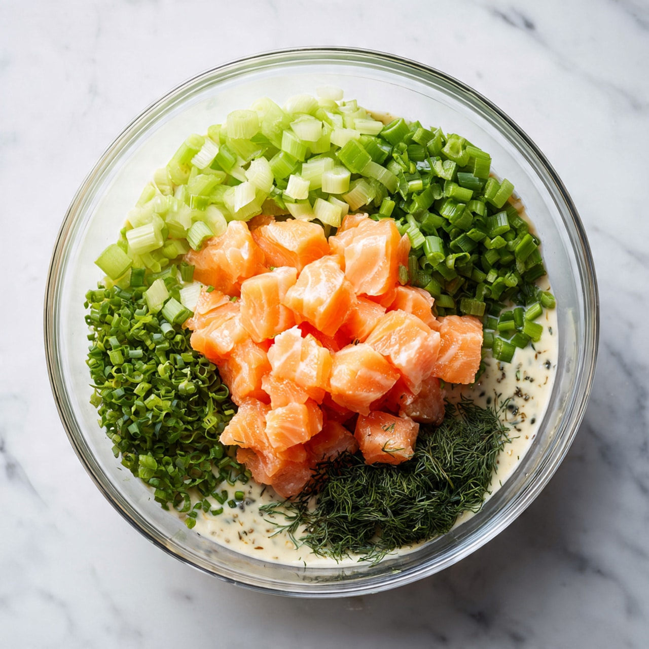 A clear glass bowl sits on a white marbled surface, holding four main layers of chopped ingredients. The largest layer is diced light orange salmon placed in the center front of the bowl. To the left of the salmon are small pale green celery pieces, while to the right are chopped dark green scallions. At the front edge of the salmon is a small heap of finely chopped dark green dill. Underneath these layers is a creamy sauce with a beige color, partially visible around the edges. Photo taken with an iphone --ar 4:5 --v 7