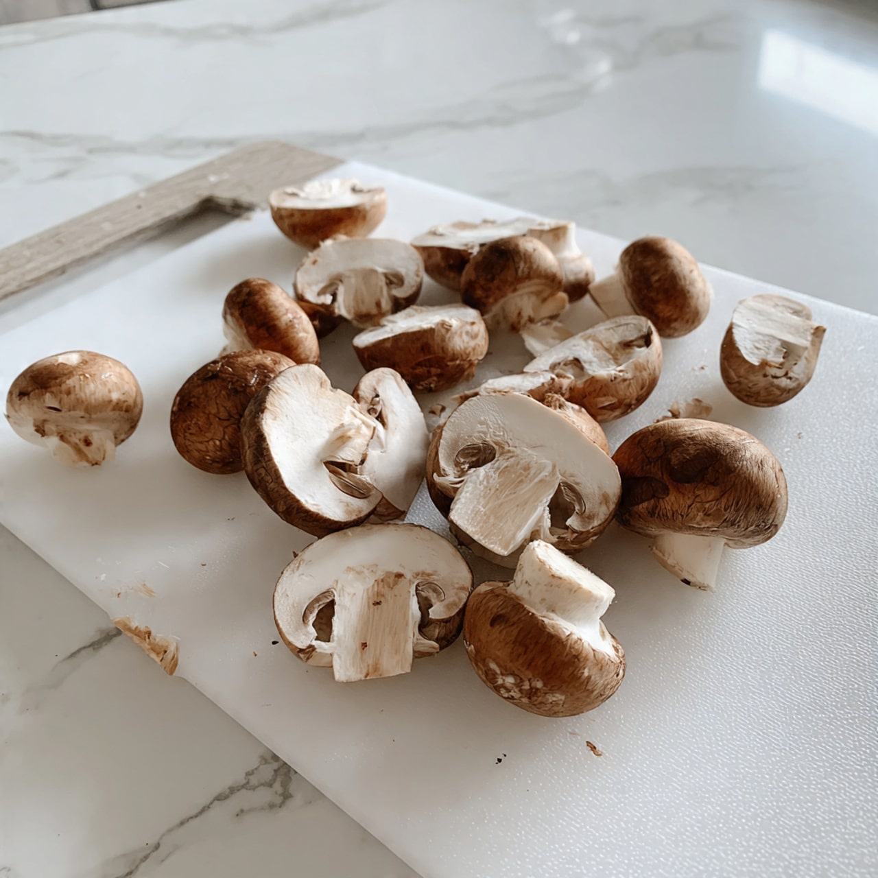The image shows a white cutting board placed on a white marbled surface, scattered with multiple small brown mushrooms that are halved, revealing their white inner flesh and short stems. The mushrooms have a slightly shiny texture, showing freshness. There is no other food or object in the image, with the focus clearly on the mushrooms and the clean board beneath them. Photo taken with an iphone --ar 4:5 --v 7
