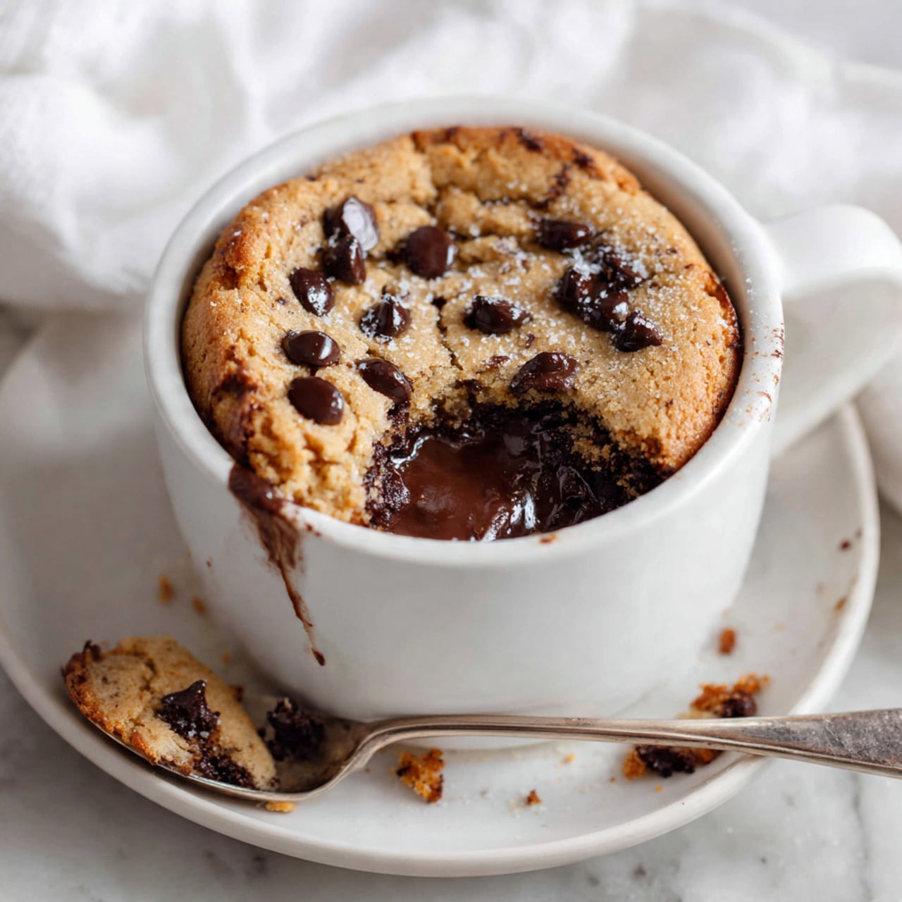 A white cup sits on a white marbled surface, filled halfway with a smooth light brown batter. Scattered on top are small, round dark brown chocolate chips with a shiny texture, resting on the batter's soft, swirled surface. The cup has a simple handle visible on the left side, and the overall scene is brightly lit, showing subtle reflections on the cup and the marbled background. photo taken with an iphone --ar 4:5 --v 7