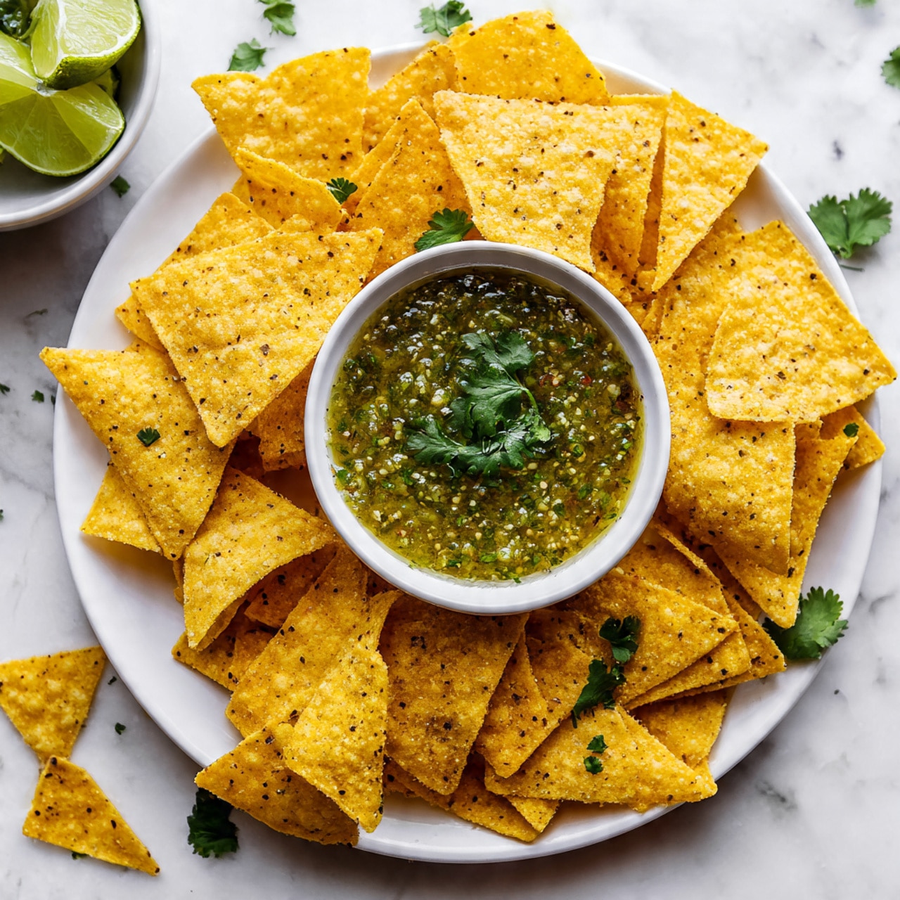 A white plate filled with many yellow corn tortilla chips surrounding a small white bowl of green salsa topped with fresh green cilantro leaves. The chips have a rough texture with visible small holes and specks of seasoning. The white bowl is placed on a white marbled surface with a few tortilla chips scattered beside the plate. On the top left corner is a bowl with lime wedges. Photo taken with an iphone --ar 4:5 --v 7
