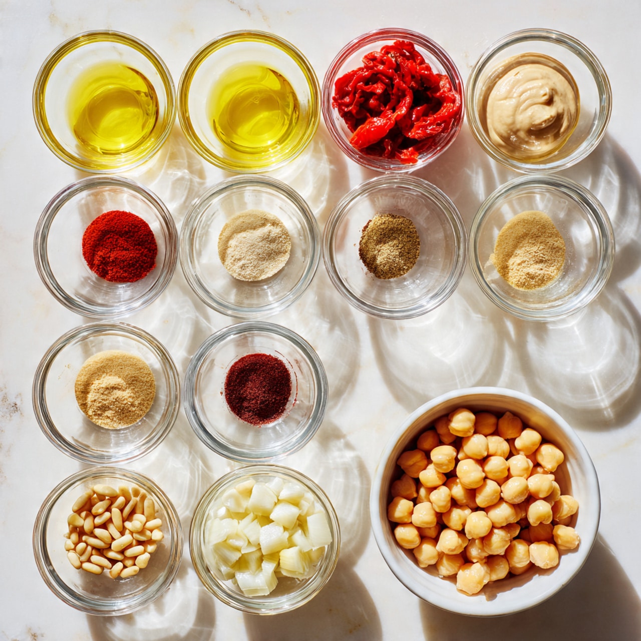 The image shows a white marbled surface with twelve small glass bowls arranged neatly in three rows. The top row has three bowls: pale yellow liquid on the left, bright red roasted peppers in the middle, and creamy beige tahini on the right. The middle row has five tiny bowls with powdered and granulated spices in shades of brown, dark red, white, red, and light off-white. The bottom row has four bowls: pale tan pine nuts on the left, golden olive oil second from the left, chopped white garlic second from the right, and a white bowl filled with light yellow chickpeas on the far right. The arrangement is clean and organized, with a bright and natural light. photo taken with an iphone --ar 4:5 --v 7