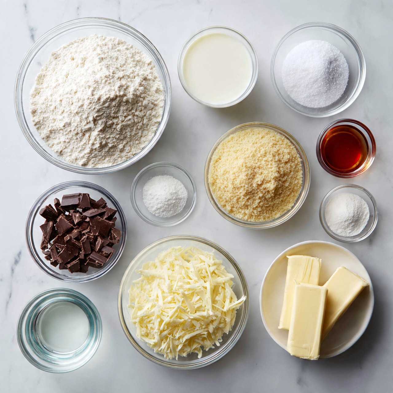 A top view of several small clear glass bowls arranged on a white marbled surface. The bowls contain different ingredients: a large bowl of flour with a soft white texture, a bowl of creamy white milk, a bowl of light golden brown sugar with a crumbly texture in the center, bowls with shredded milk chocolate and dark chocolate pieces, a small bowl with a red-brown vanilla liquid, along with an egg placed near the bowls. There are two wrapped sticks of butter with a pale yellow color on the right side, and two small bowls of white salt and baking powder are also included. Two clear bowls hold transparent liquids, probably water, completing the collection of ingredients. Photo taken with an iphone --ar 4:5 --v 7