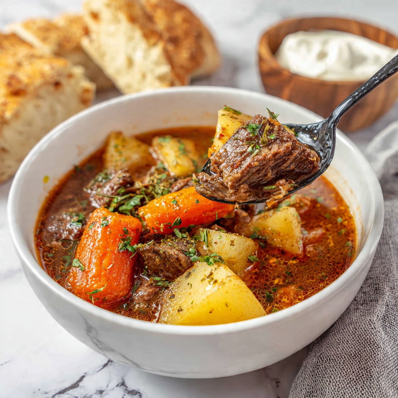 Inside a shiny steel pot, there is a mix of cooked food. On the bottom layer, a light brown broth fills the pot partway. In the next layer, there are chunks of orange carrots, red and white potatoes, and small whole round white onions scattered evenly around. Among these, there are thick pieces of brown meat and sliced light brown mushrooms placed on top and mixed through the veggies. The pot is black on the outside and sits on a white marbled surface. photo taken with an iphone --ar 4:5 --v 7