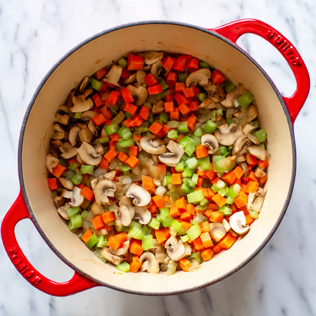 A close-up top view shows a large round pot with red handles placed on a white marbled surface. Inside the light beige pot, there is a colorful mix of cooked vegetables evenly spread across the bottom. The vegetables include small cubes of orange carrots, chopped green celery, sliced light brown mushrooms, and small bits of white onion. The vegetables show a soft texture with a slight shine from cooking. The clean pot edges with red handles and the white marbled surface give a fresh and tidy look to the scene. Photo taken with an iphone --ar 4:5 --v 7