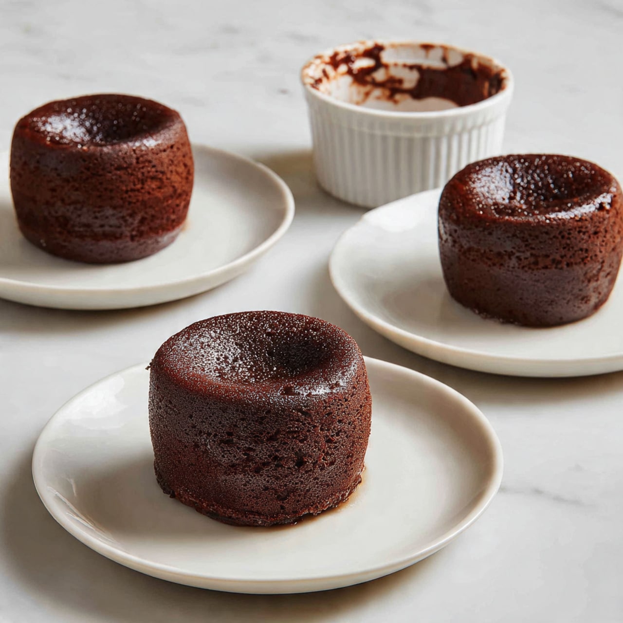 The image shows three small, dark brown chocolate cakes with a slightly rough texture, each placed on its own white plate. The cakes are round with a slight dome shape and a hollow center on top. Nearby, there are two white ramekins with some leftover chocolate residue inside, sitting on a white marbled surface. The overall look is simple and clean, highlighting the rich color of the chocolate cakes against the white dishes and light background. photo taken with an iphone --ar 4:5 --v 7