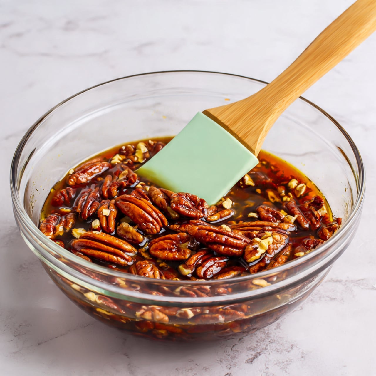 A clear glass bowl filled with a mix of whole and halved pecans submerged in a thick, dark amber syrup. The shiny syrup coats the pecans, giving them a rich glossy look. A light green silicone spatula with a wooden handle is resting inside the bowl, slightly covered with the syrup. The bowl is placed on a white marbled surface. photo taken with an iphone --ar 4:5 --v 7