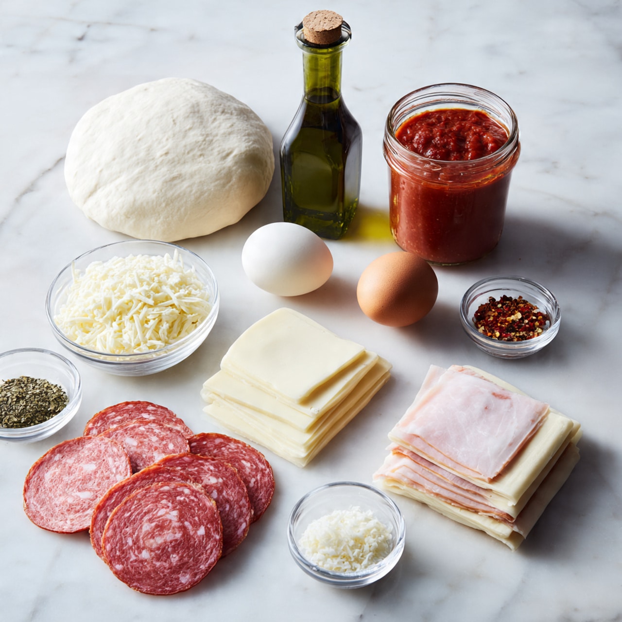 A white marbled surface holds ingredients for making pizza, arranged in rows. At the back, there is a ball of white dough on the left, a dark green bottle of extra virgin olive oil in the middle, and a glass jar filled with red pizza sauce on the right. In front, from left to right, there are thin square slices of white cheese, a few round slices of pale yellow cheese, a stack of round, light pink salami slices, a smaller stack of bright red pepperoni slices, and a stack of light pink ham slices on the far right. Near the middle front are a brown egg, a small piece of garlic, and three small clear glass bowls containing dried herbs, red chili flakes, and grated parmesan cheese. The whole setup is neat and has a clean, fresh look. photo taken with an iphone --ar 4:5 --v 7