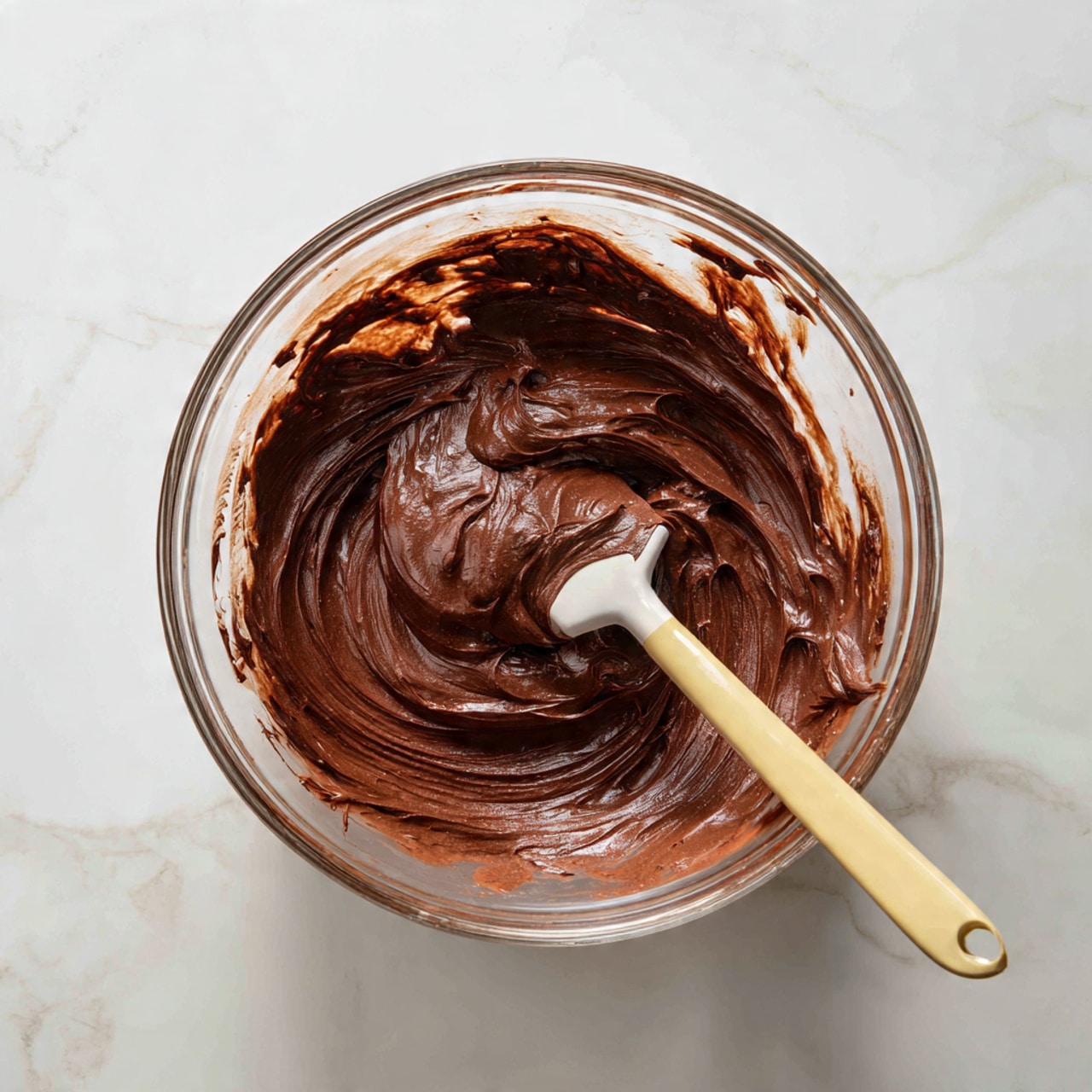 A clear glass bowl filled with smooth, thick chocolate batter inside, with chocolate batter smeared up the sides of the bowl. A light-colored spatula rests inside the bowl on the right side, coated with the same thick chocolate batter. The bowl is placed on a white marbled surface, and the overall scene looks clean and bright. photo taken with an iphone --ar 4:5 --v 7