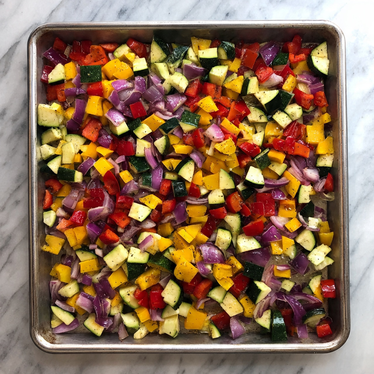 A silver baking tray filled with one layer of chopped vegetables spread out evenly. The vegetables include yellow squash pieces, green zucchini chunks, red bell pepper squares, and purple-red onion slices. The different colors and textures of the vegetables create a lively, mixed pattern across the tray. The tray is placed on a white marbled surface. photo taken with an iphone --ar 4:5 --v 7