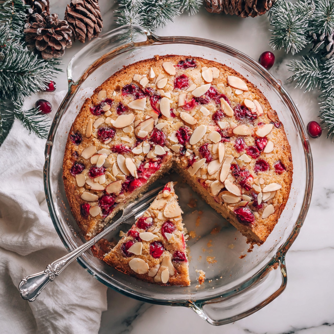 The image shows a round baked cake with a golden brown top layer covered with thin, light beige almond slices and scattered bright red berries, placed in a clear glass baking dish. A wedge-shaped slice of the cake has been removed, revealing a moist, pale yellow inside with visible red berries spread throughout. The removed slice sits on a white plate with a blue and gold dotted star pattern, resting near a silver fork. The background is a white marbled surface with rustic pinecones and frosted pine branches scattered around, adding a cozy, festive feel. Photo taken with an iphone --ar 4:5 --v 7